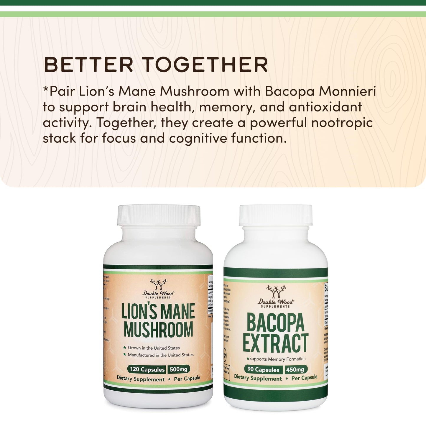 Double Wood Supplements Organic Lion's Mane Mushroom 1000mg Capsule, 120 Capsules