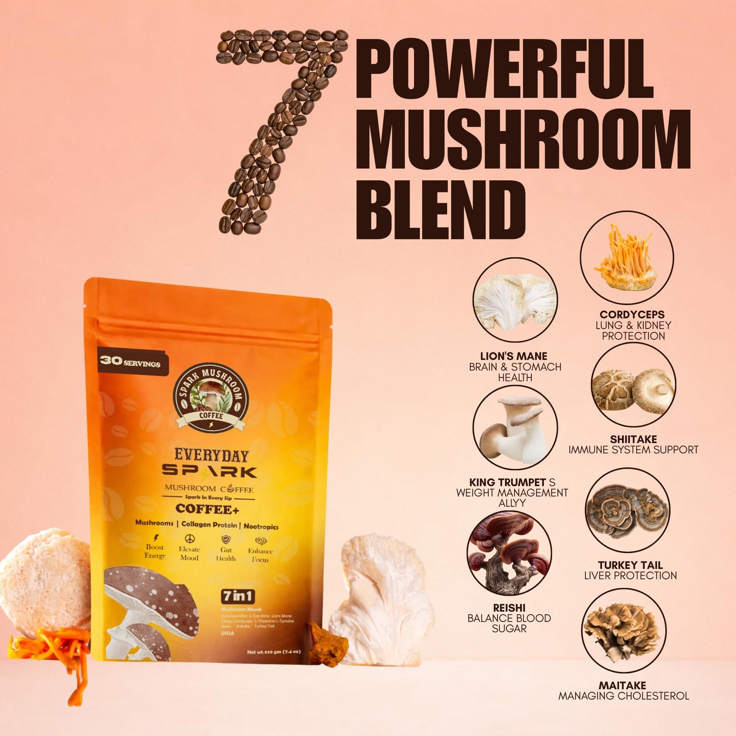 Spark Mushroom Coffee Instant Organic Mushroom Coffee Powder 7.4 oz
