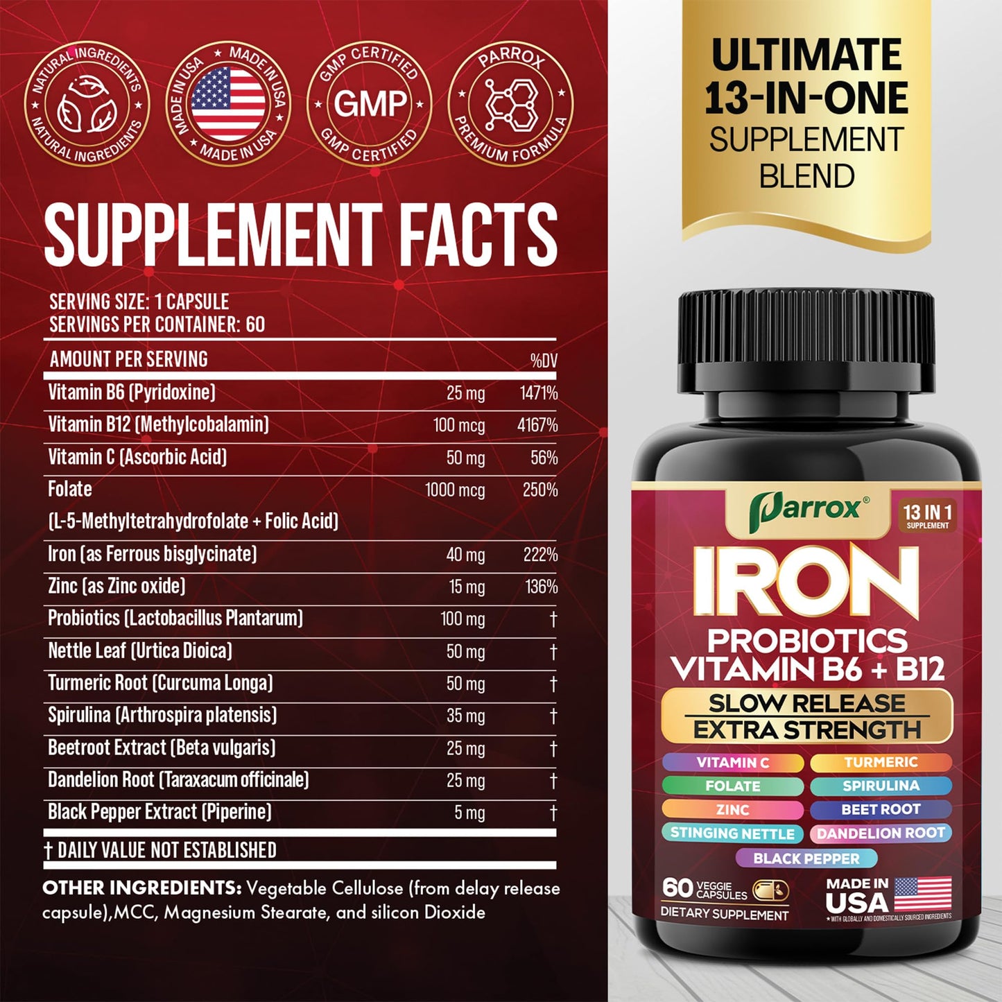 Parrox Iron Bisglycinate Supplement Capsules, 180 Capsules