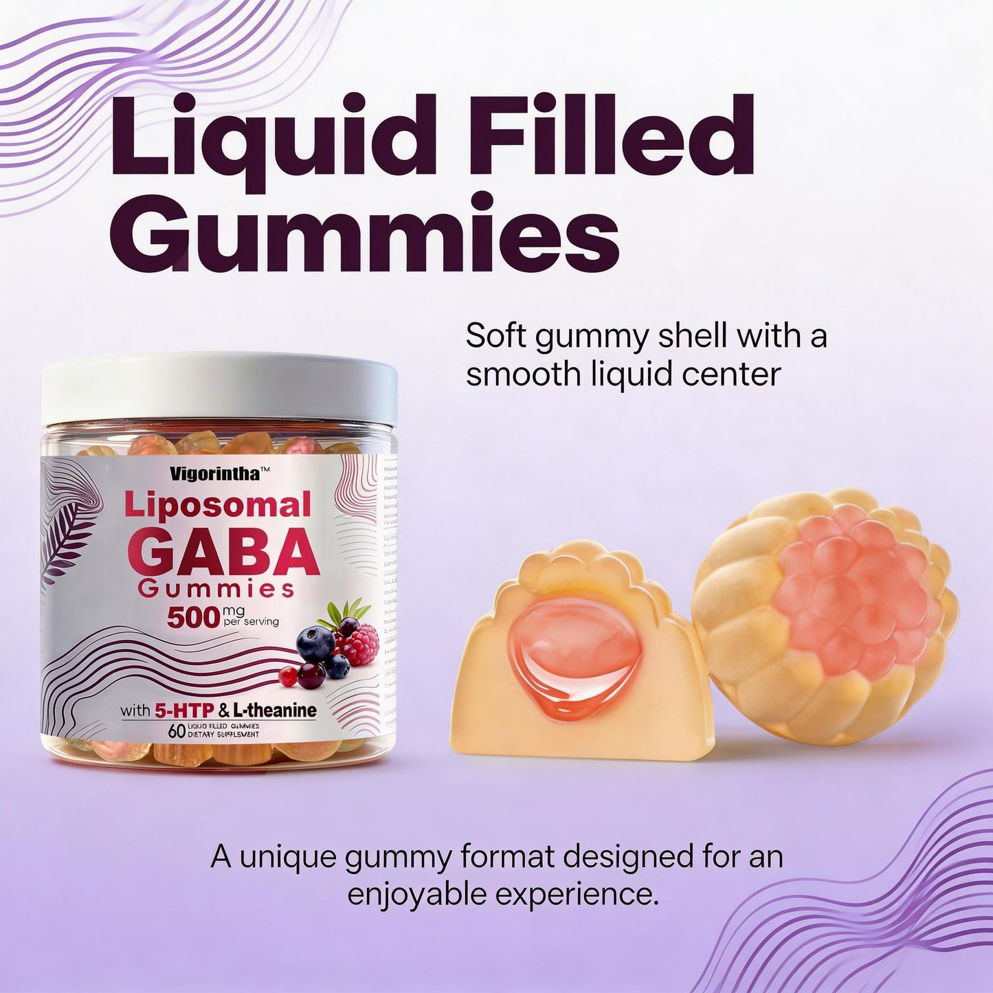 Vigorintha GABA Gummies with L-Theanine & 5-HTP, Melatonin-Free, 120 Gummies