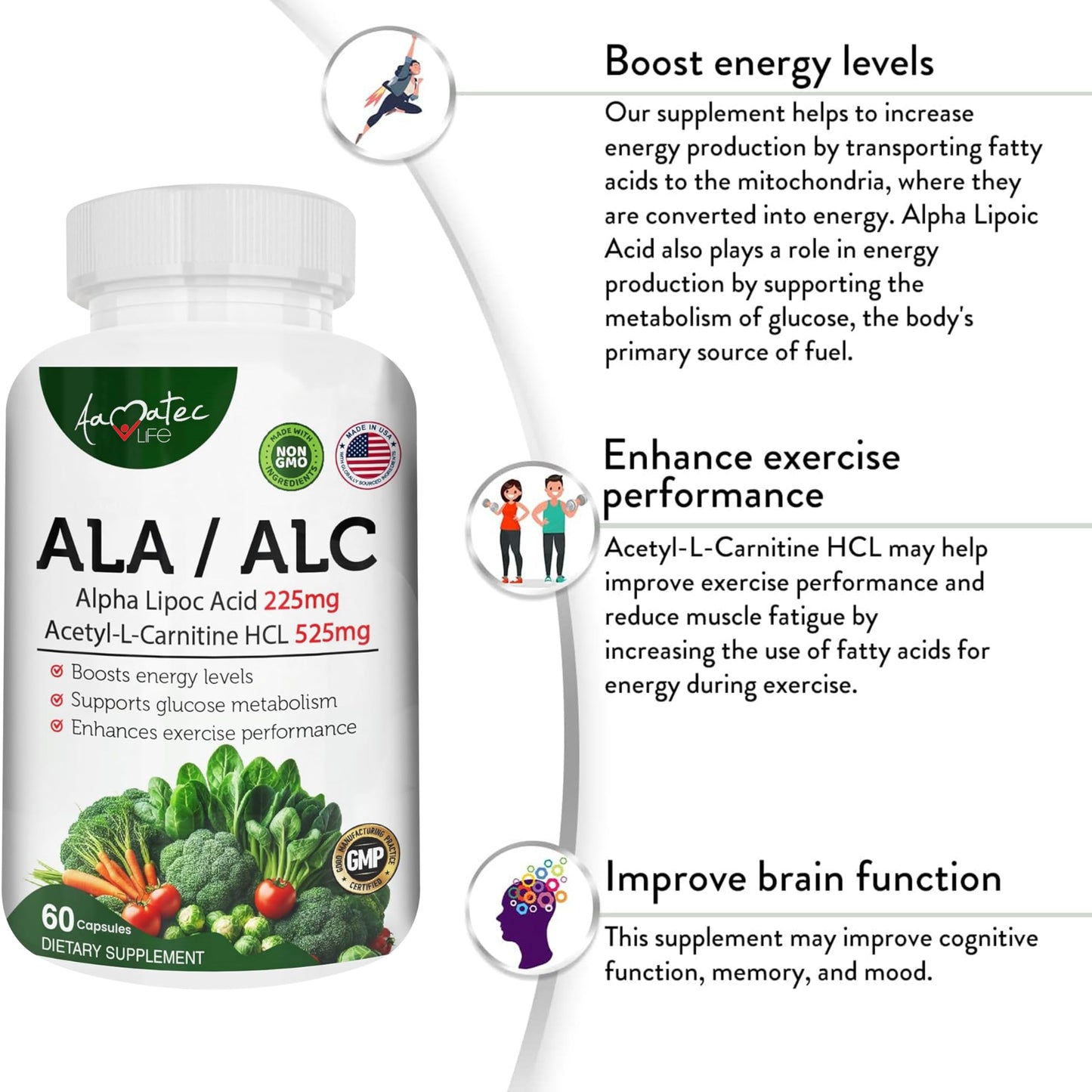 AAMATEC LIFE ALA/ALC High Potency Formula Alpha Lipoic Acid and Acetyl-L-Carnitine HCl Capsules, 60 Count