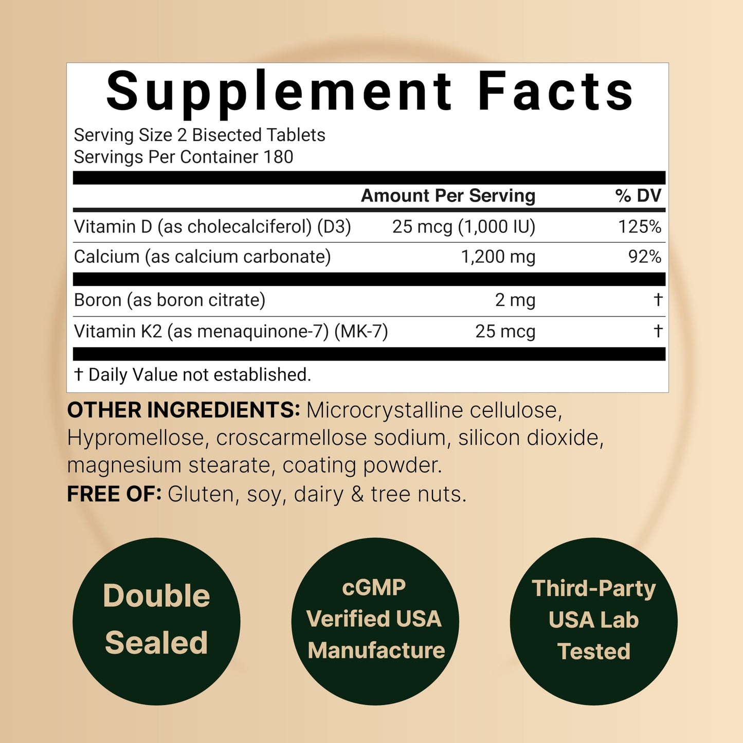 NatureBell Calcium 1,200 mg Per Serving with Vitamin D3, K2 & Boron, 360 Tablets