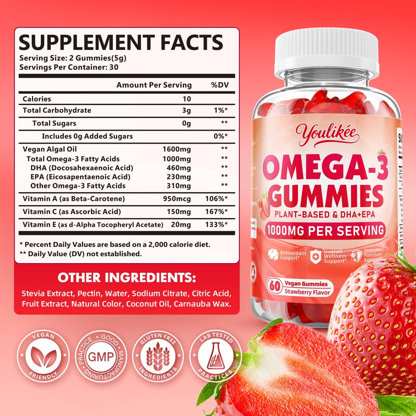 Youlikee Vegan Omega-3 Gummies 60 Count