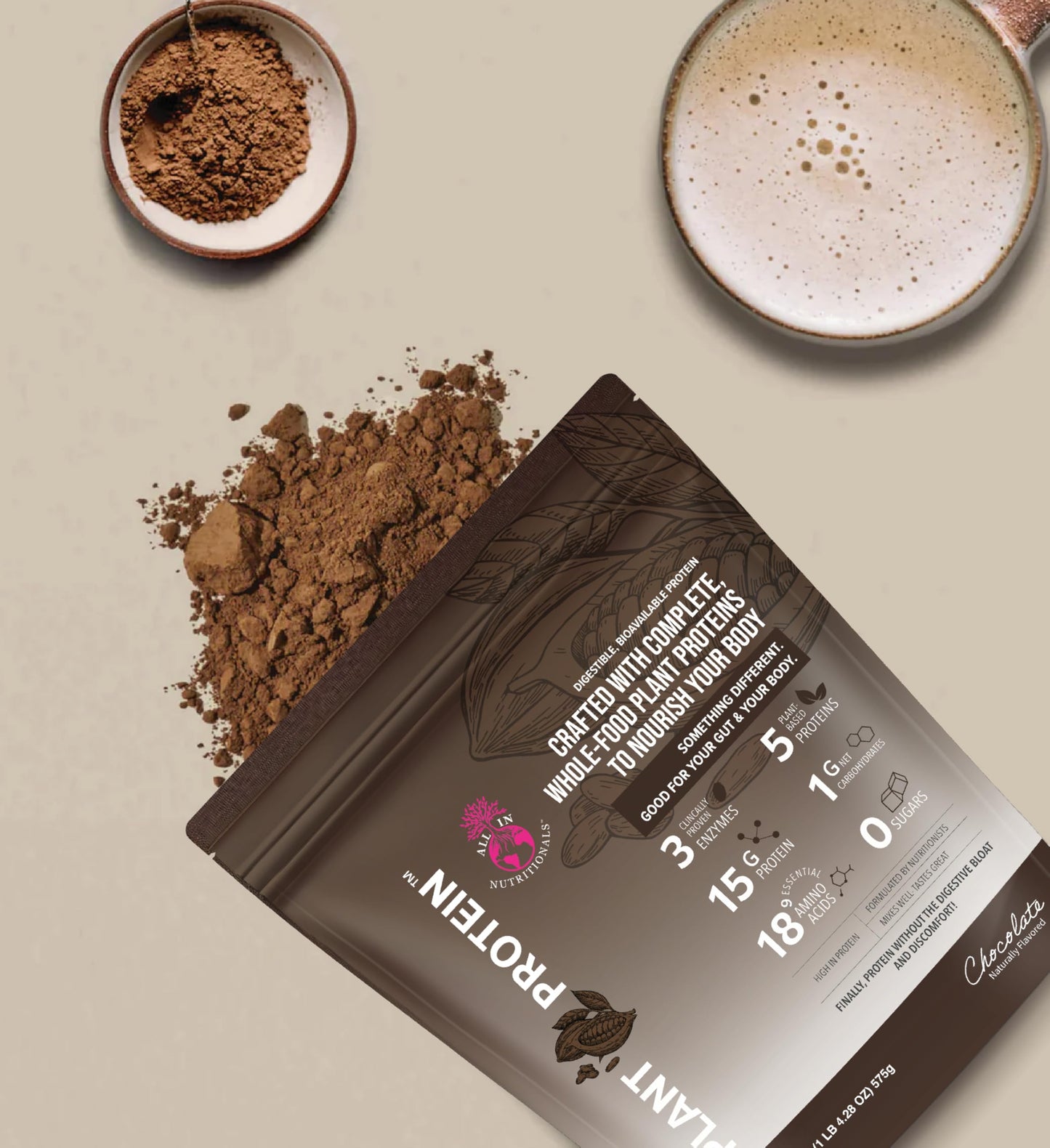 All In Nutritionals EZ Plant Protein Powder, Chocolate, 19.4 oz