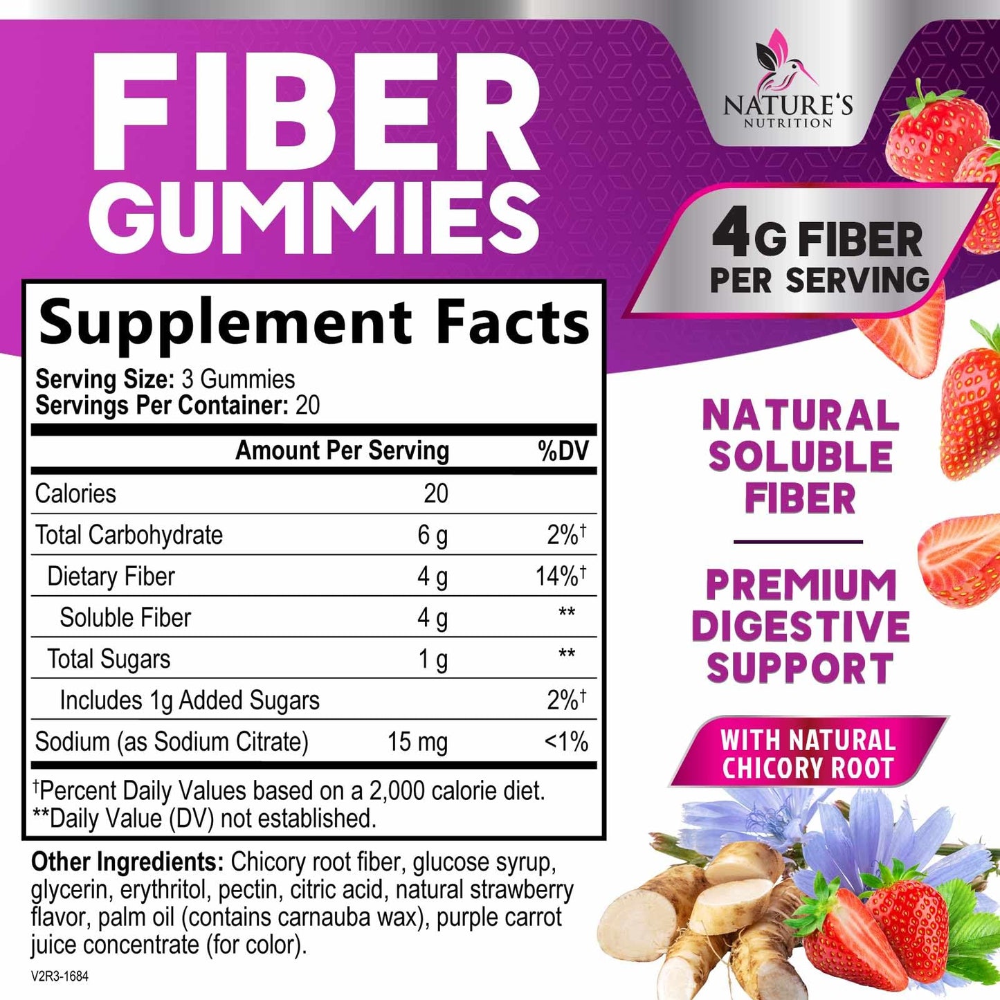 Nature's Nutrition Fiber Gummies for Adults, Soluble Fiber 4g Per Serving - Plant-Based Prebiotic Fiber Supplement for Digestive Health, Gut Health, & Regularity Support - Vegan Berry Flavor, 60 Gummies