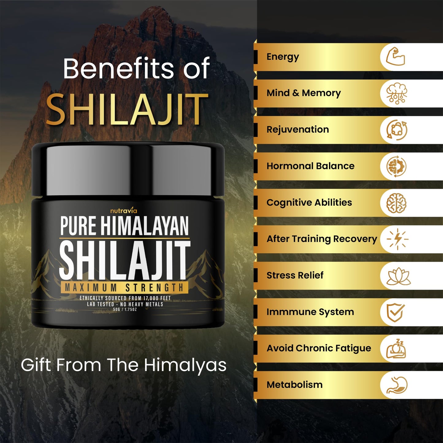 Nutravia Shilajit Capsule 600mg Max Strength with 85+ Trace Minerals Golden Grade (2 Capsules)
