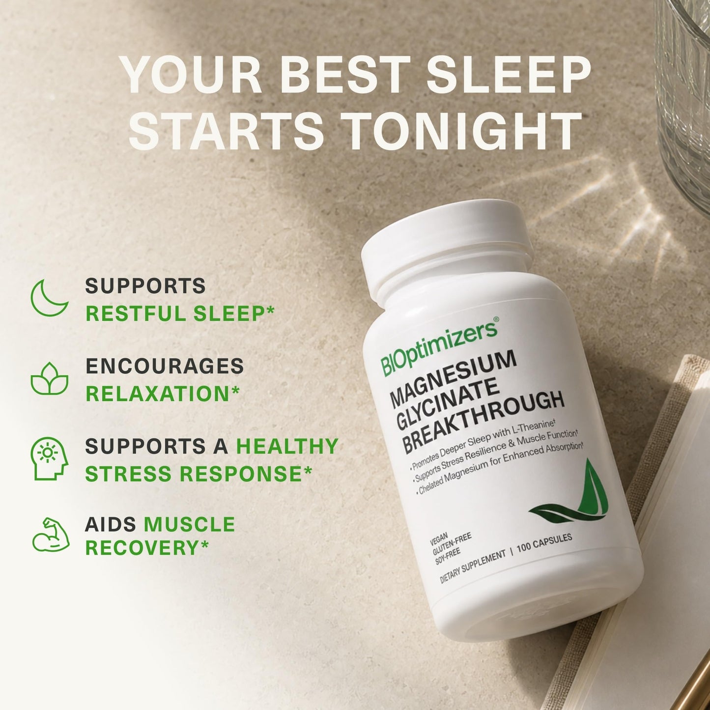 BIOptimizers Magnesium Glycinate 350 mg with L-Theanine & B6 Capsules, 100 Capsules