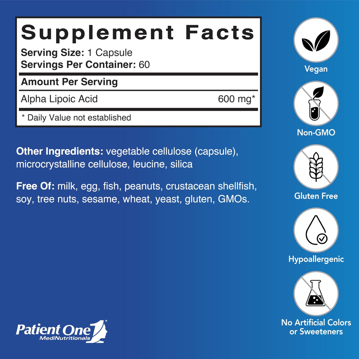 Patient One Alpha Lipoic Acid (ALA) 600 mg Capsule, 60 Capsules