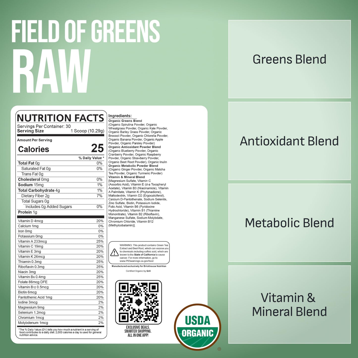 Brickhouse Nutrition Field of Greens Super Greens Powder, Doctor-Formulated Superfood Powder, Fruits & Veggies Supplement - Raw, 10.9 Ounce