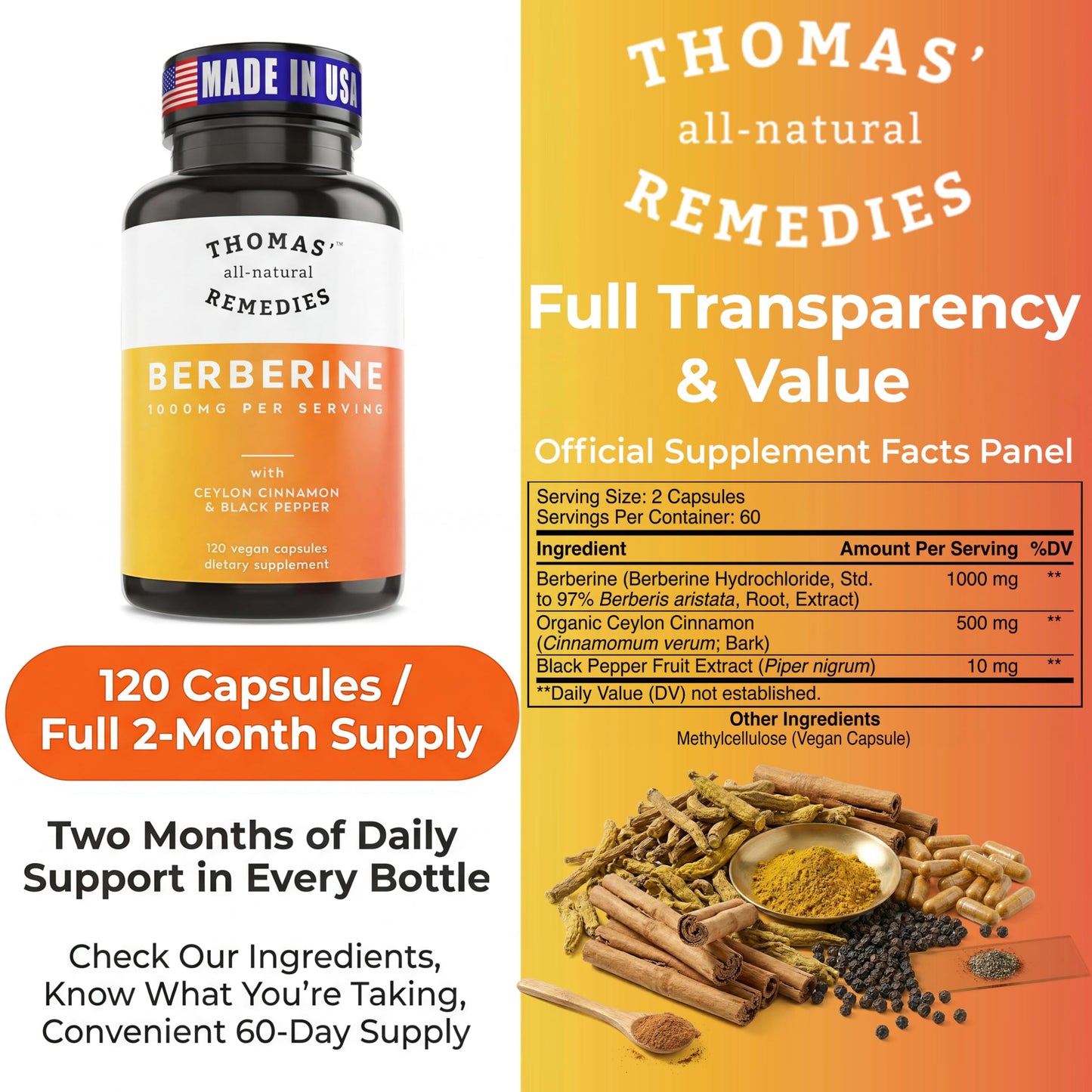 Thomas' all-natural Remedies Berberine 1000mg Metabolic Support 120 Capsules