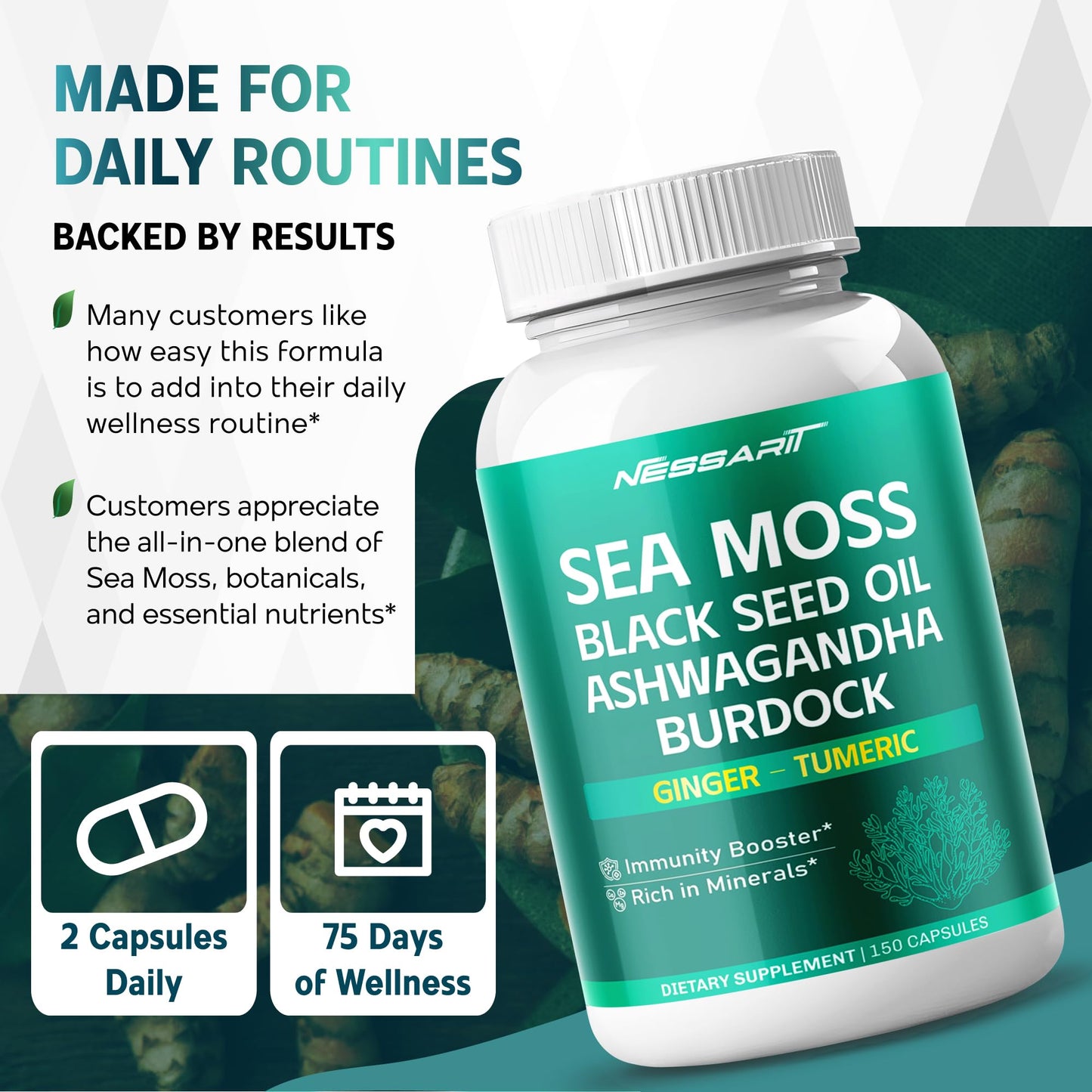 NESSARIT Sea Moss Supplement 16-in-1 Natural Blend with Black Seed Oil, Ashwagandha, Burdock, Bladderwrack, Ginger, Dandelion Capsules, 150 Count