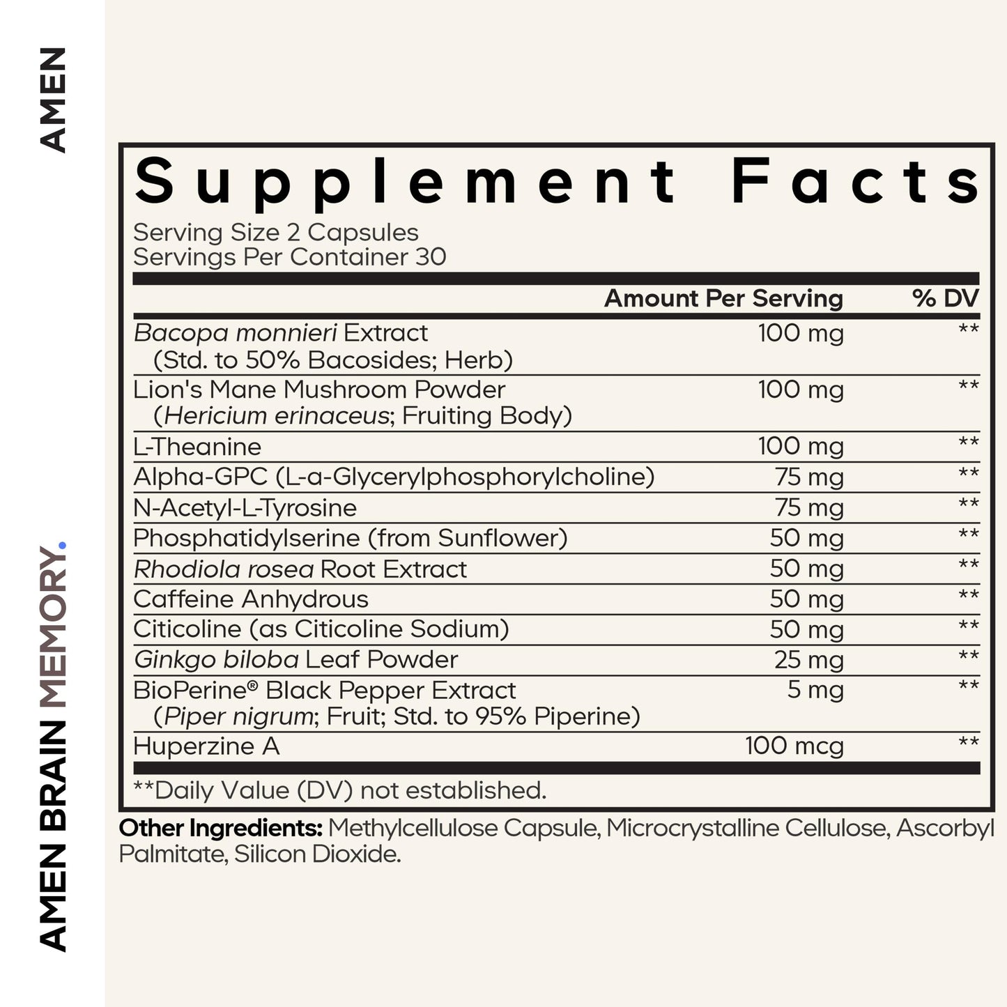 Amen Brain Memory Lion's Mane Alpha-GPC Bacopa 60 Capsules