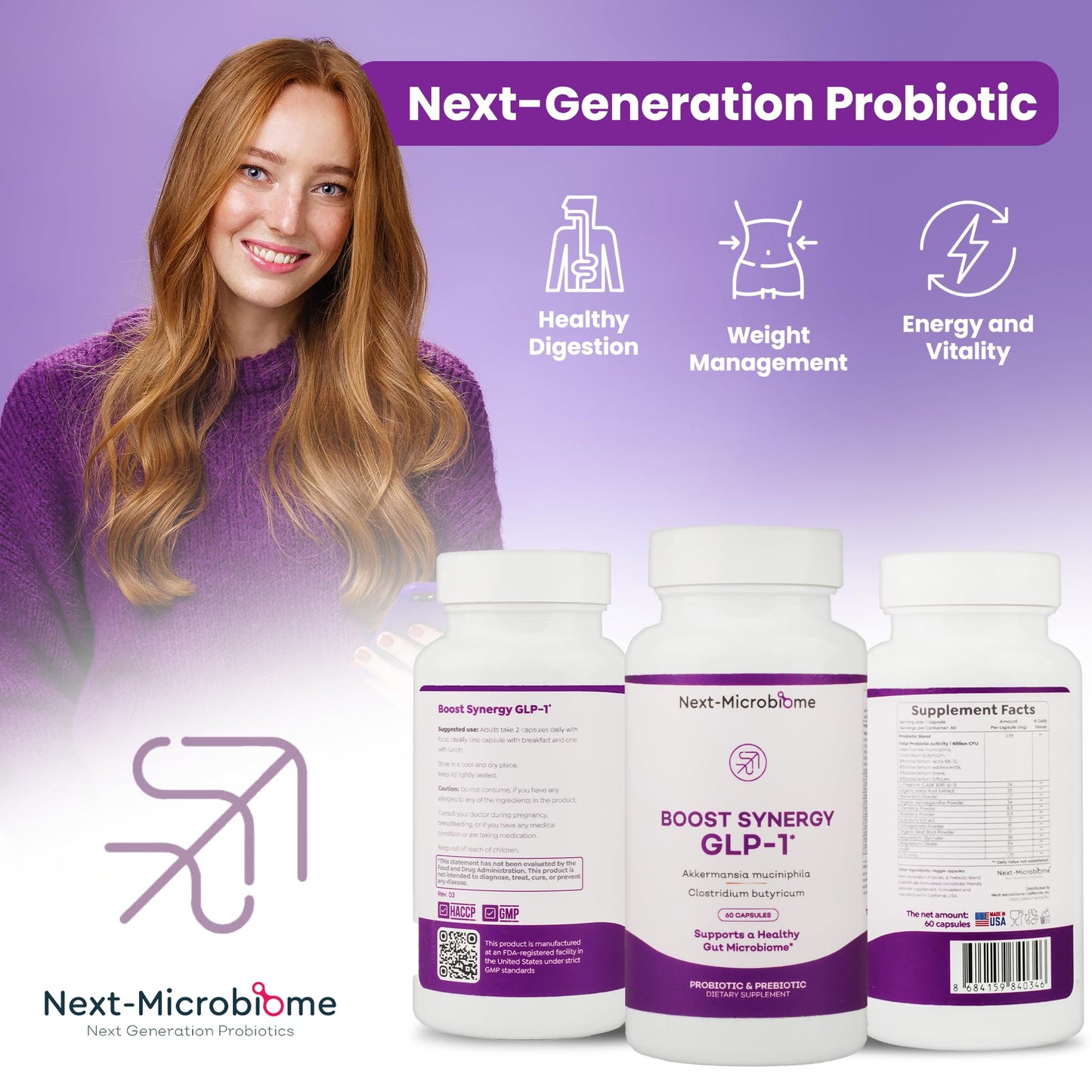 NEXT-MICROBIOME Boost Synergy Probiotic Akkermansia Muciniphila, Clostridium Butyricum HMO Ashwagandha Capsules 60 Count