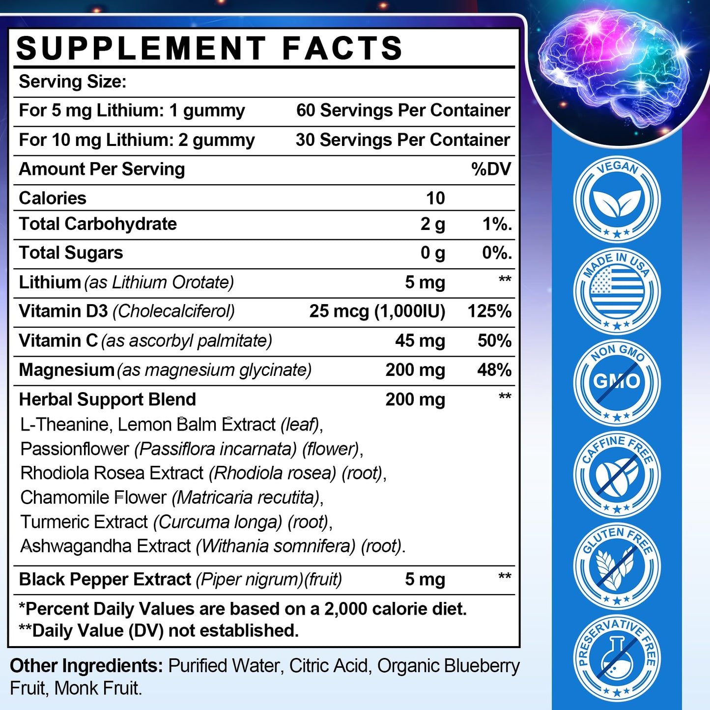 HevChay 12-in-1 Lithium Orotate 5mg 10mg with Ashwagandha & L-Theanine Gummies, 60 Count