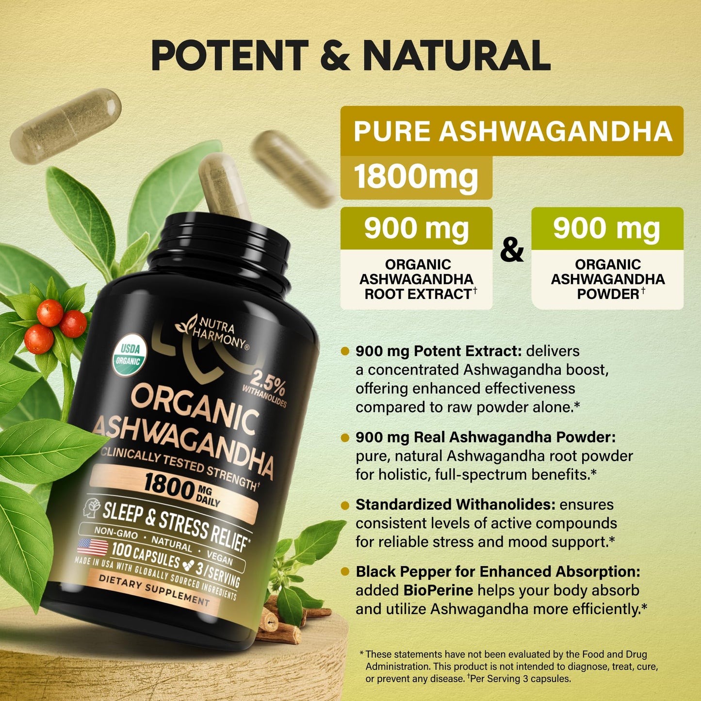 NUTRAHARMONY Ashwagandha Capsules 100 Count
