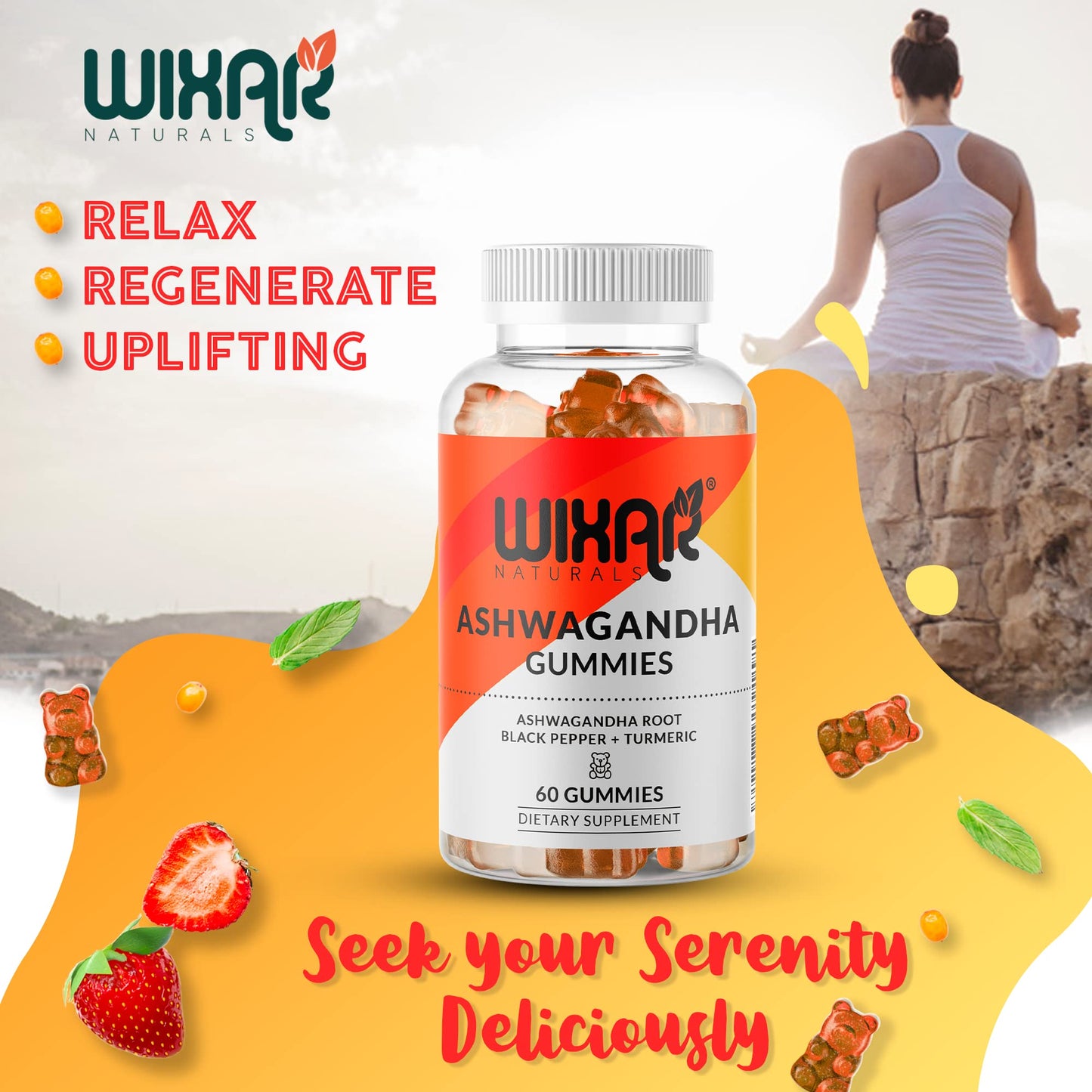 WIXAR NATURALS Ashwagandha Gummies with Turmeric and Black Pepper Extract - Herbal Gummy Supplement, 60 Gummies