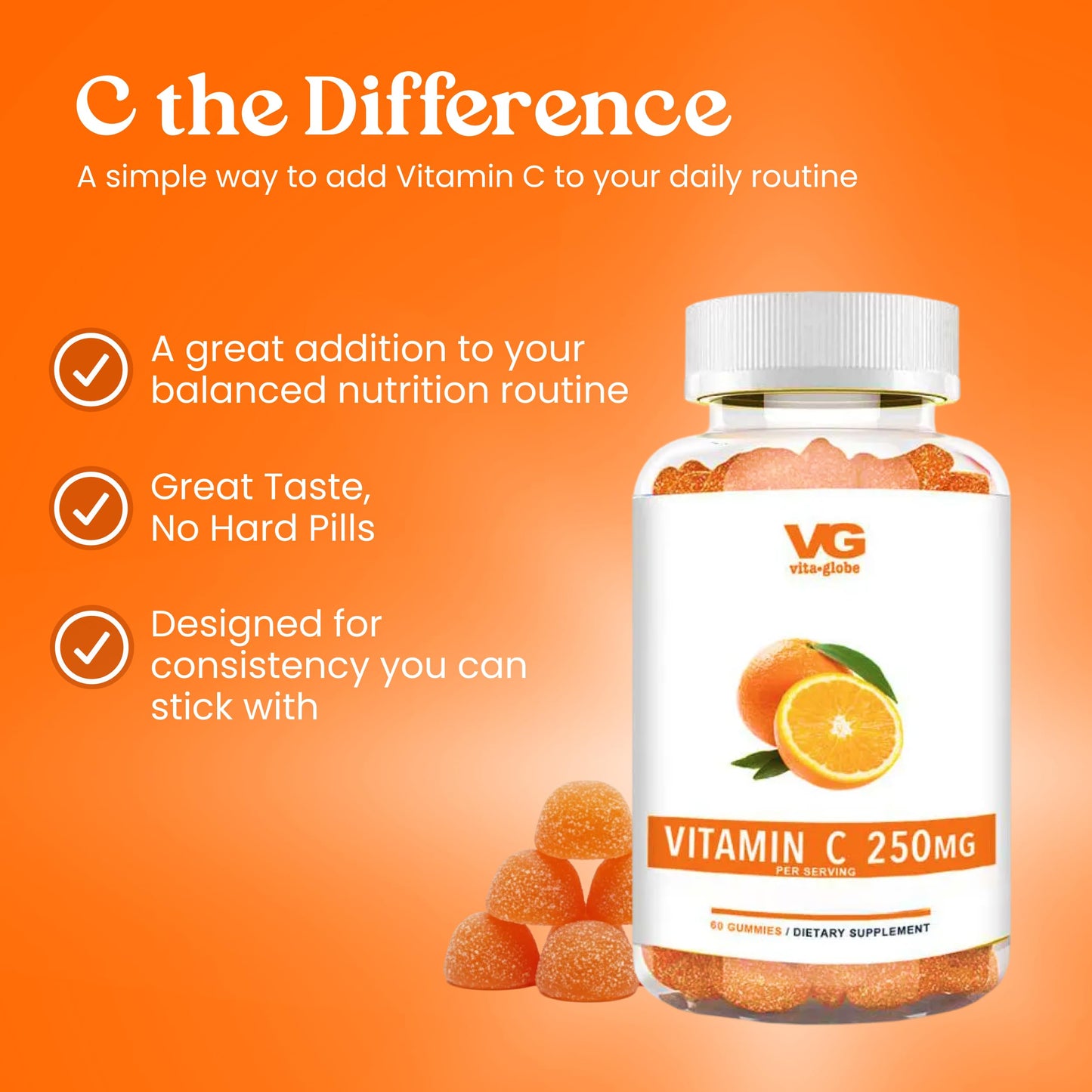 VITA GLOBE Vitamin C 250 mg Gummies with Collagen, Vegan, Non-GMO, Immune Support, Orange Flavor, 120 Gummies
