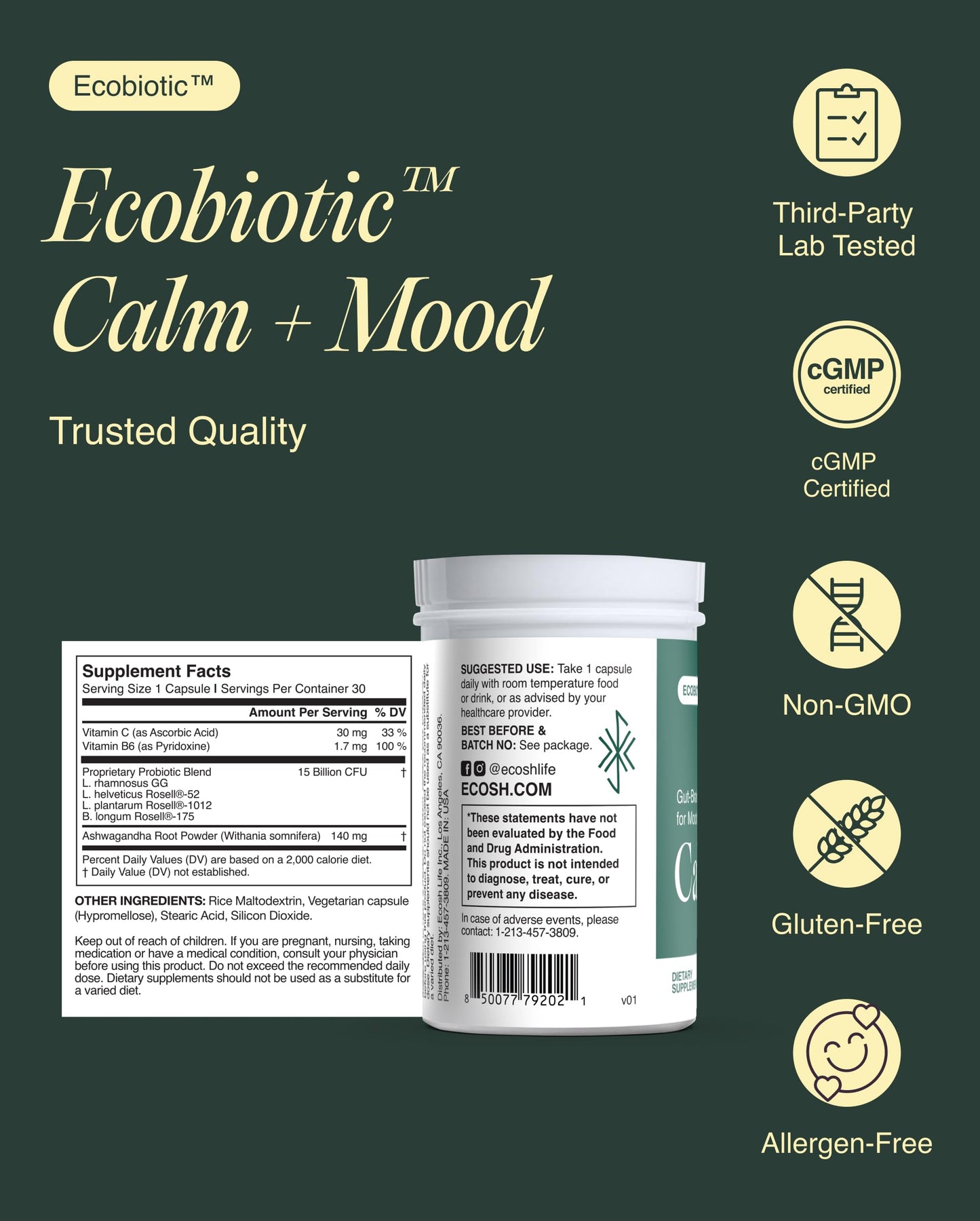 Ecosh Ecobiotic Calm + Mood Probiotic Capsule, 30 Count