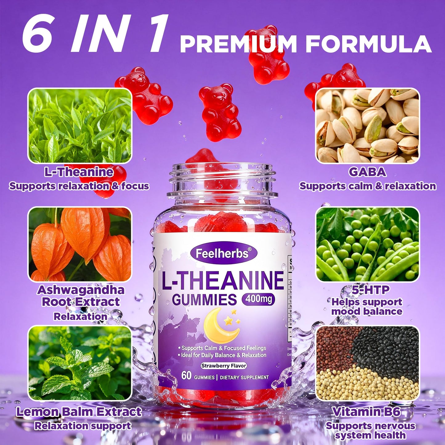 Feelherbs Ashwagandha L-Theanine Gummies 400mg, 60 Count