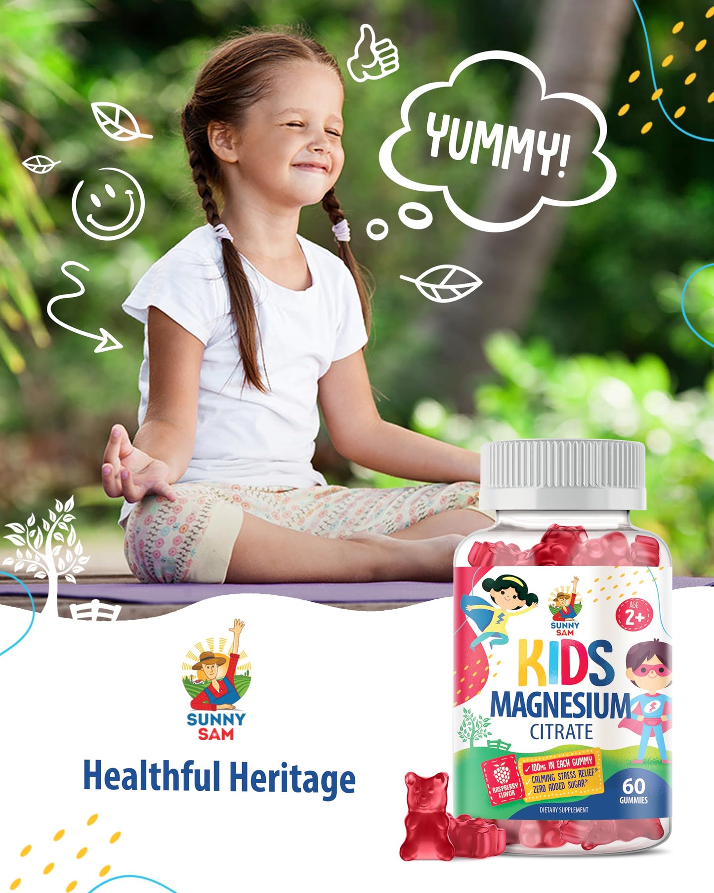 SUNNY SAM Magnesium Gummies for Kids & Adults 100mg Calming Magnesium Chews - Magnesium Citrate Chewable Supplement for Mood & Muscle Support - Citrato de Magnesio para Niños, 60 Gummies