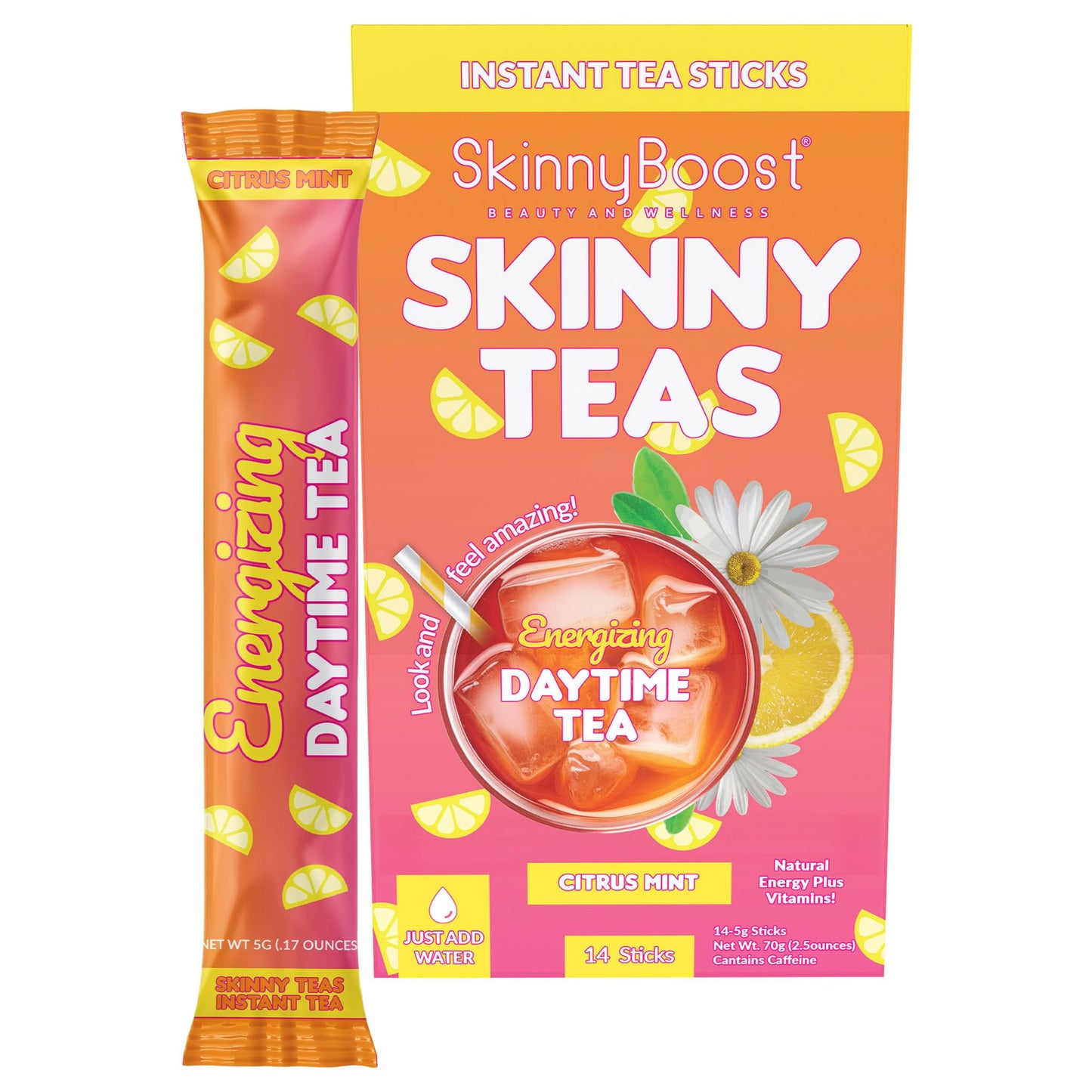 SkinnyBoost Skinny Teas Energizing Daytime Tea Sticks – Citrus Mint Instant Tea, Powder, 14 Count