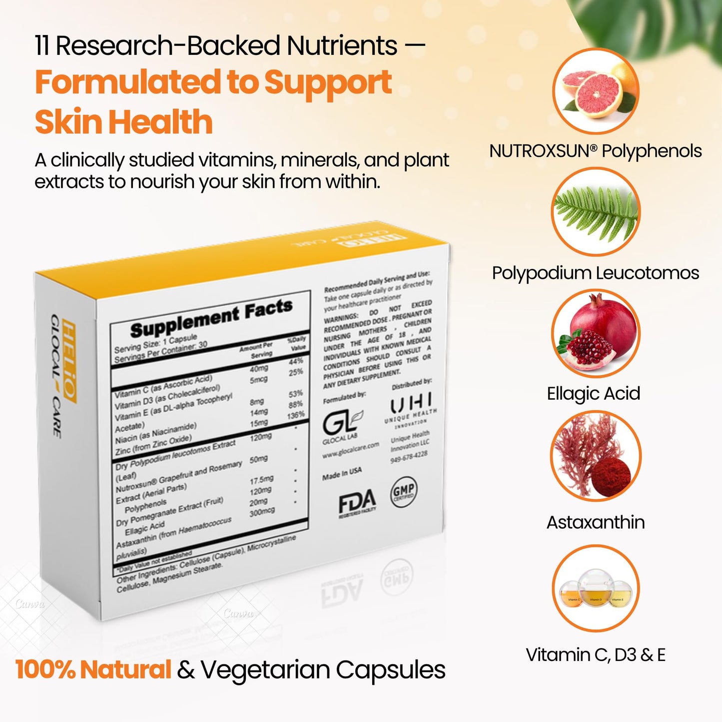 GlocalCare Helio Antioxidant Supplement for Skin Health & Radiance with Polypodium, Nutroxsun, Astaxanthin & Pomegranate Extract - Supports Youthful-Looking Skin, 30 Capsules