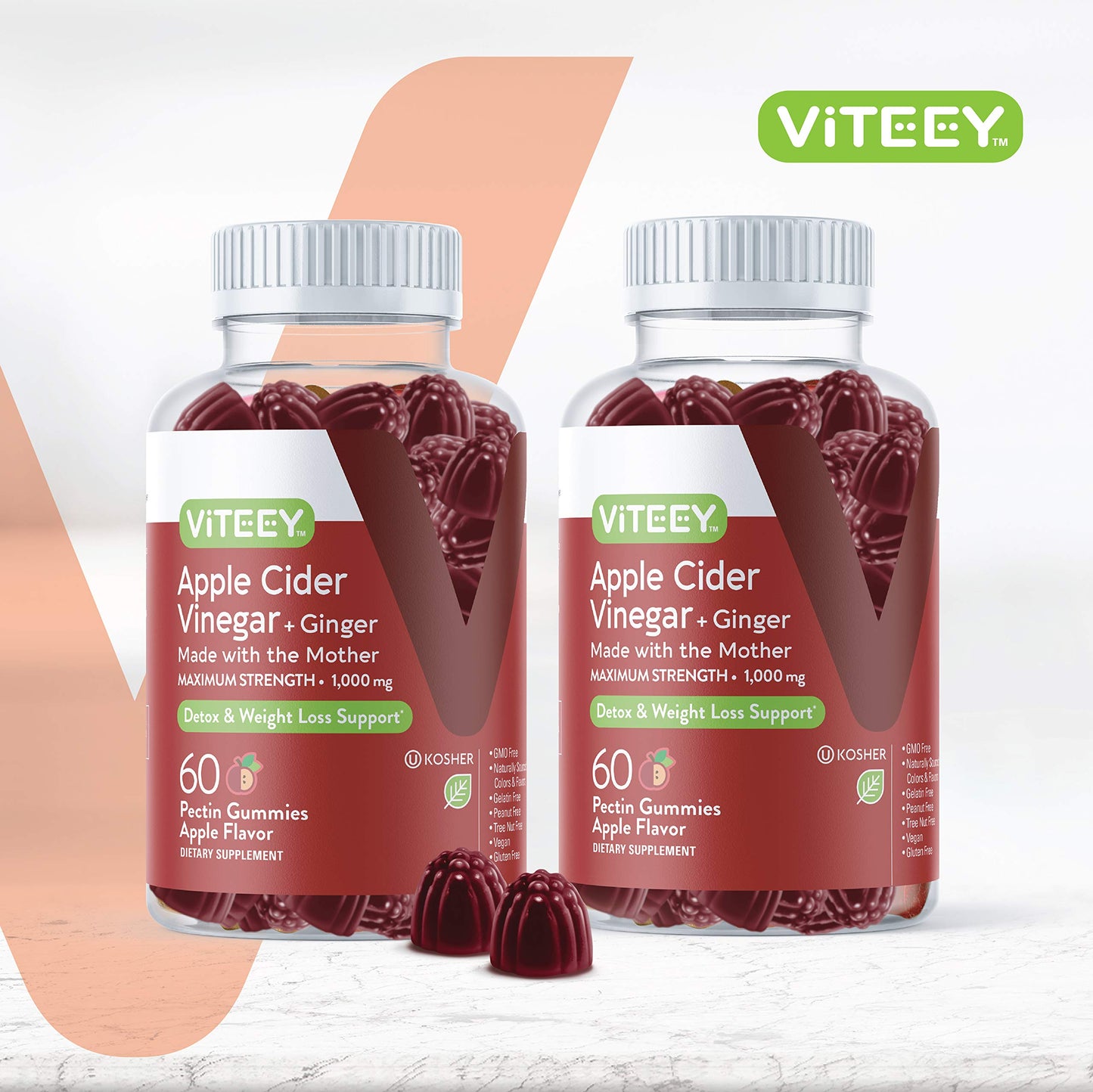 Viteey Apple Cider Vinegar Gummies and Ginger, Pectin Gummy, 120 Count