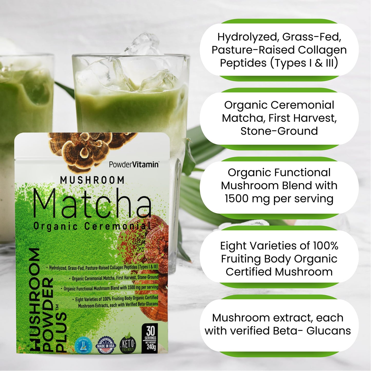 PowderVitamin Organic Ceremonial Mushroom Matcha Collagen Types I & III Powder 8.5 oz