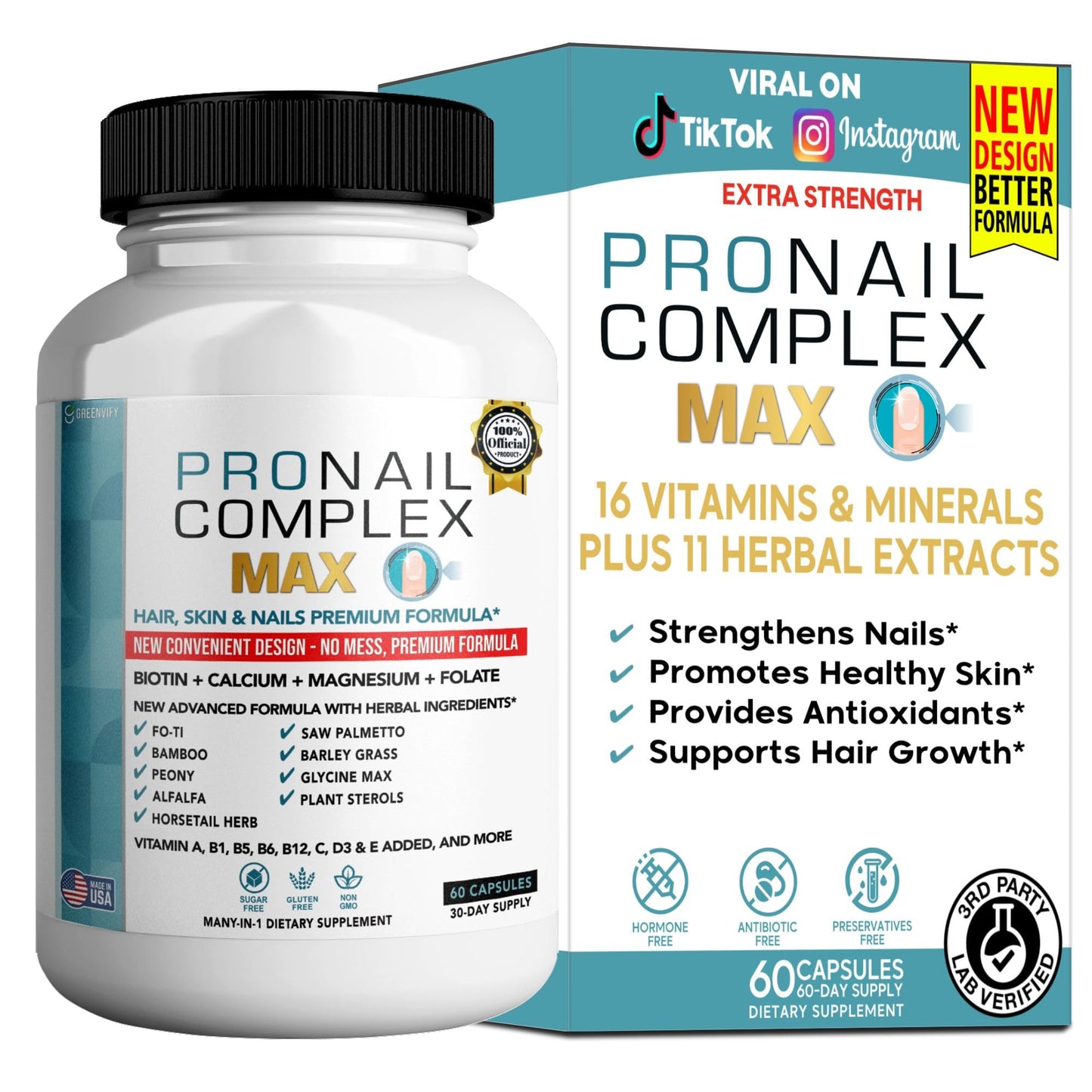 GREENVIFY ProNail Complex Max Hair, Skin & Nails Premium Supplement with Biotin & Herbal Blend, 60 Capsules