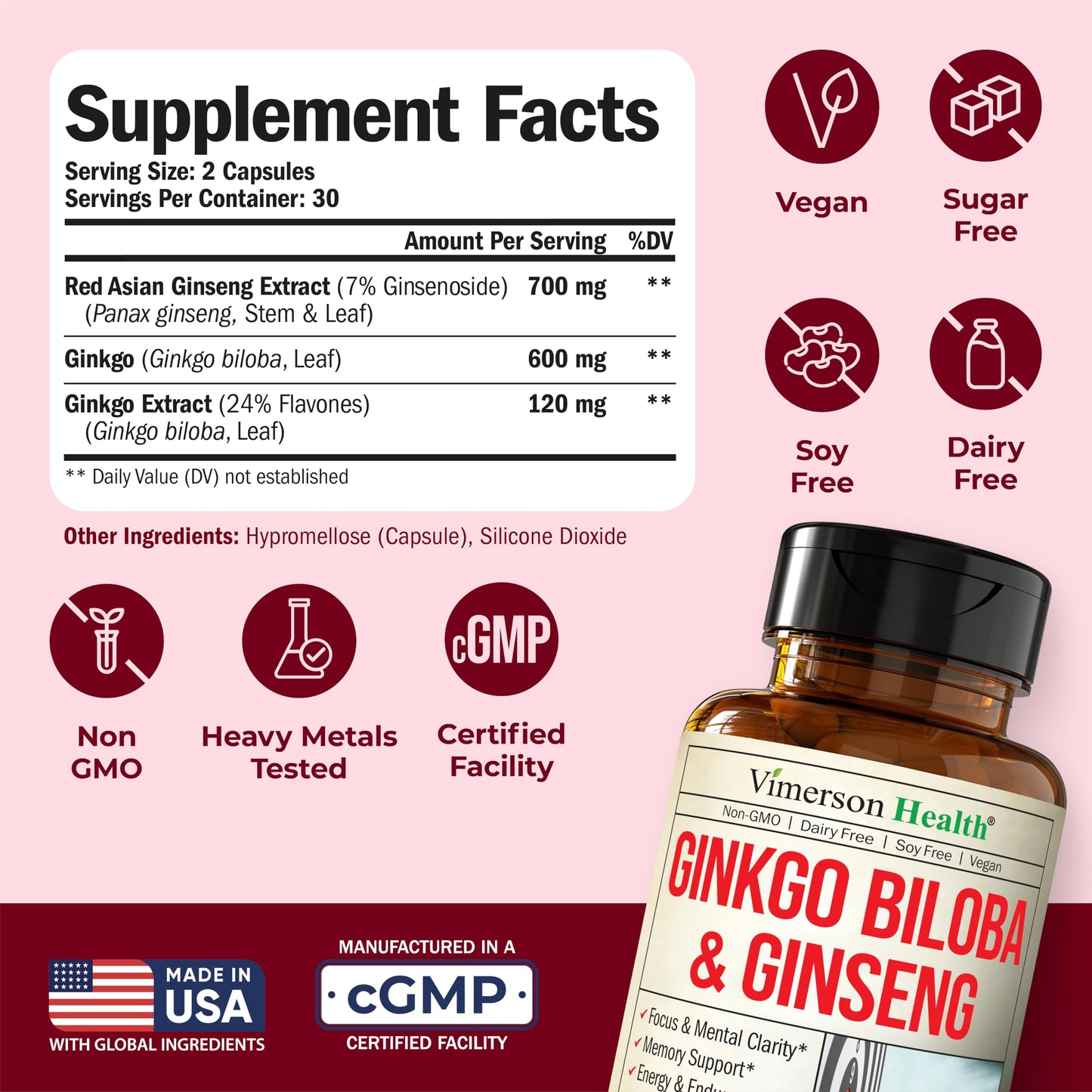 Vimerson Health Asian Ginseng and Ginkgo Biloba Capsules, 60 Count