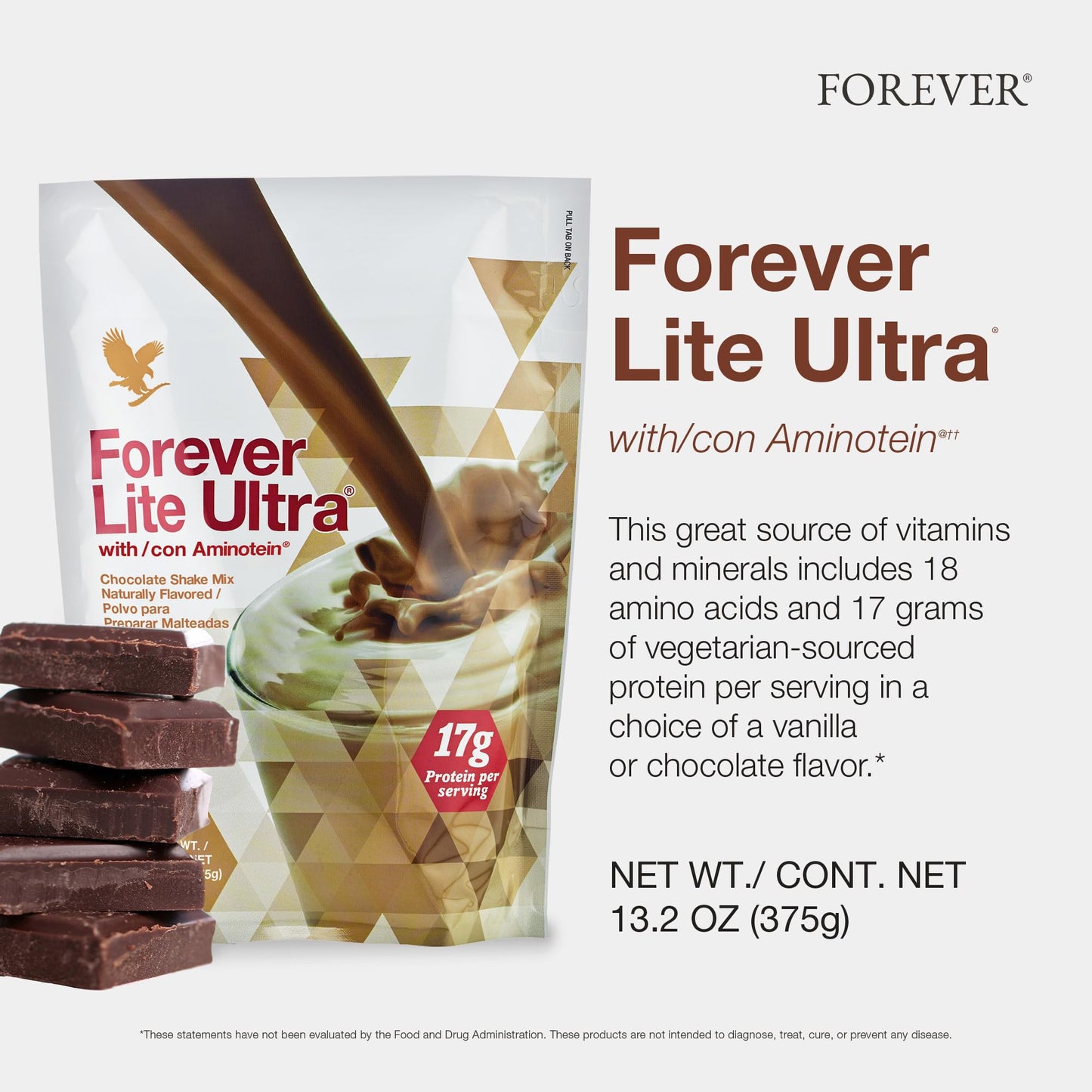 Forever Living Products Lite Ultra Chocolate Protein Shake Mix with Aminotein, Low Carb Drink for Lean Muscle Mass, Powder, 13.2 oz