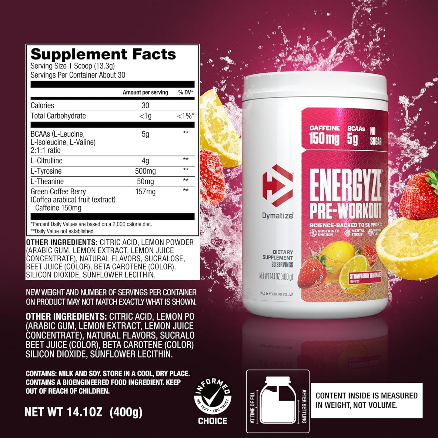 Dymatize Energyze Pre Workout Powder & Creatine Monohydrate Bundle, Powder, 24.6