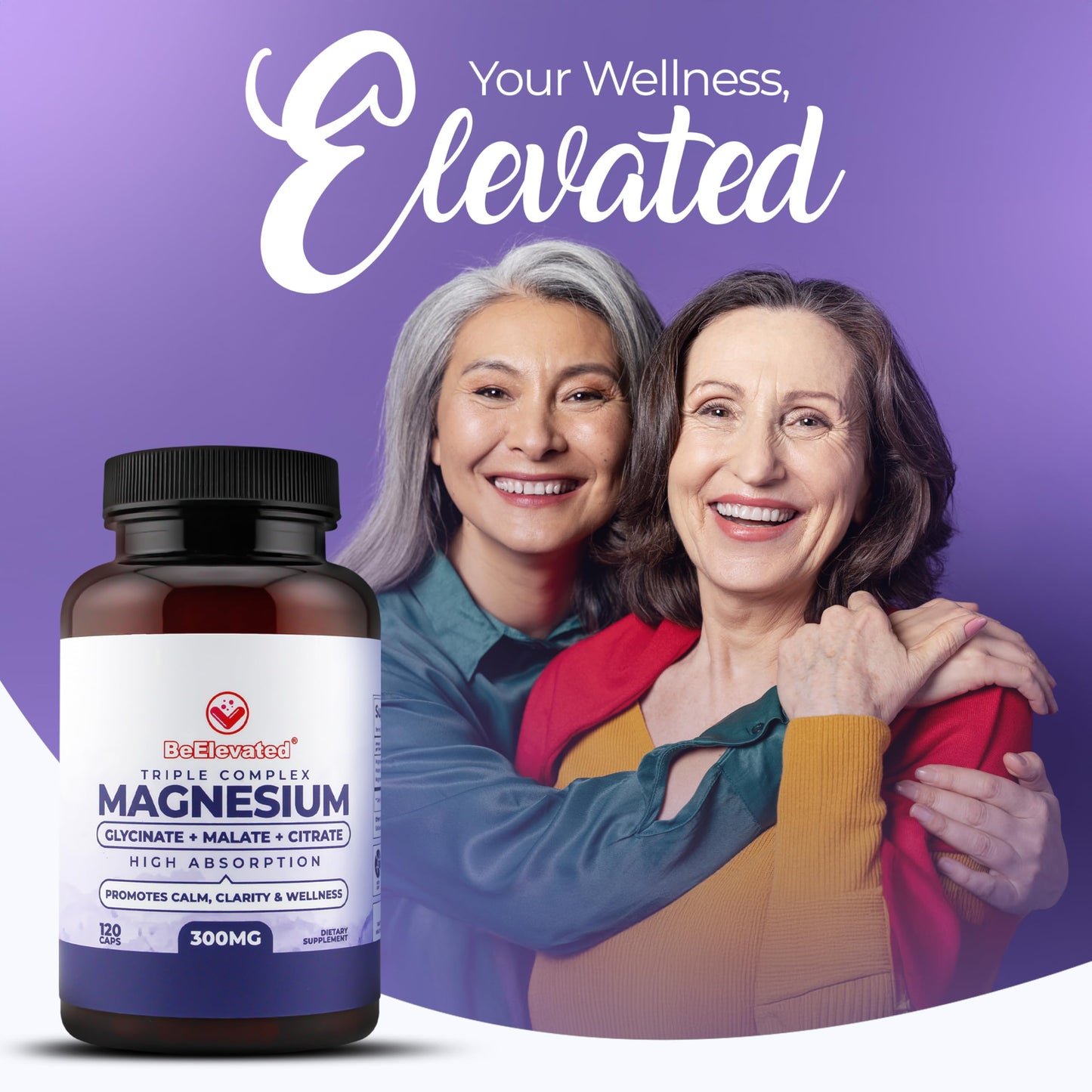 BeElevated Triple Magnesium Complex Supplement – 300mg Fast-Acting Magnesium Glycinate and Citrate Combo, with Malate for Relaxation, Sleep & Well-Being – Natural, Vegan, Non-GMO, 240 Capsules