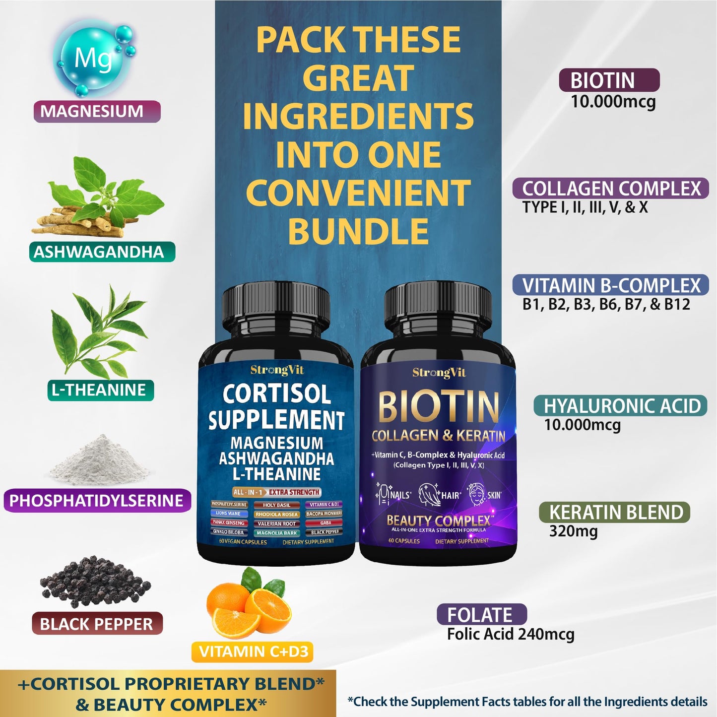 StrongVit Cortisol Supplement & Biotin Complex Bundle 120 Capsules