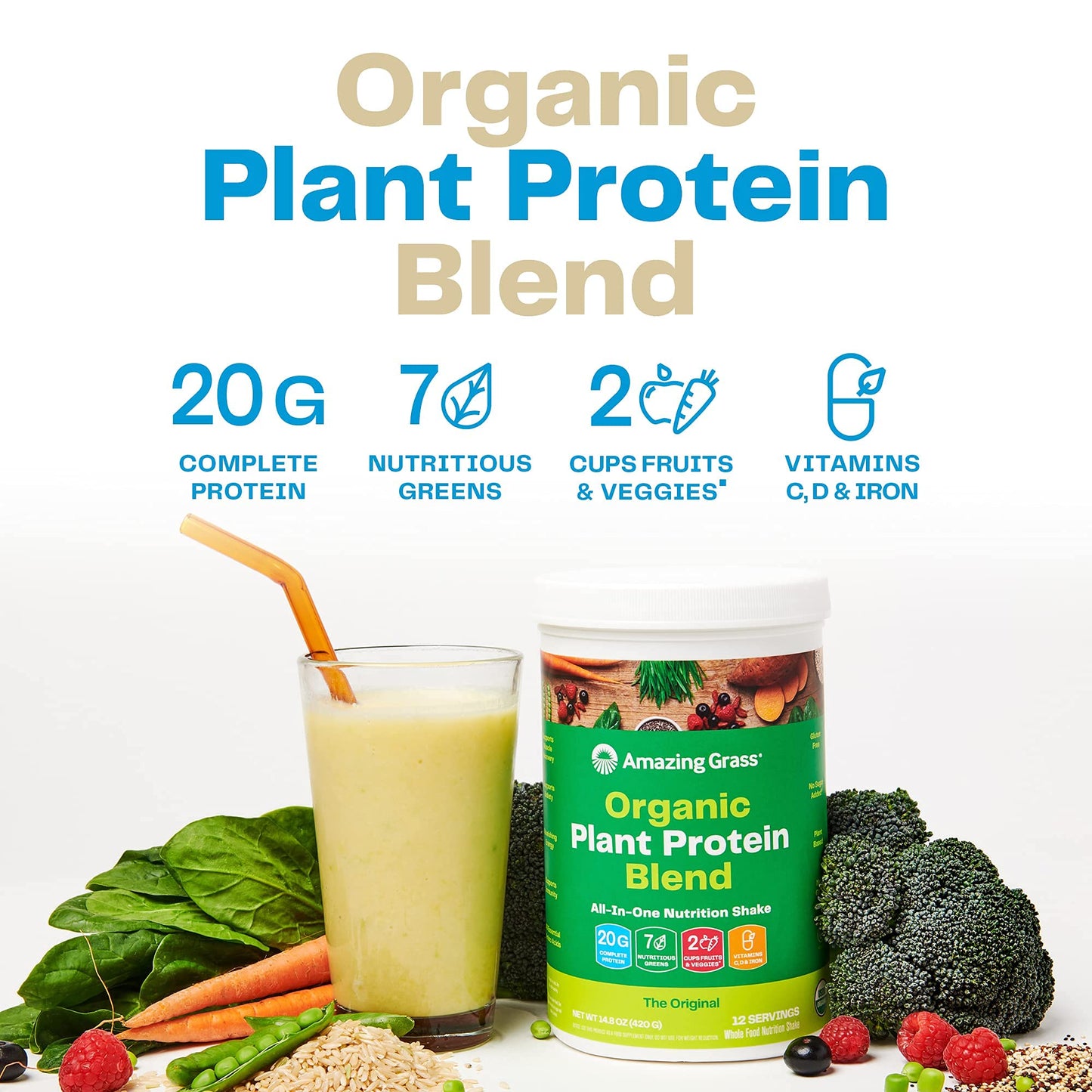 Amazing Grass Protein Superfood Powder, Organic Pure Vanilla, 20 Servings