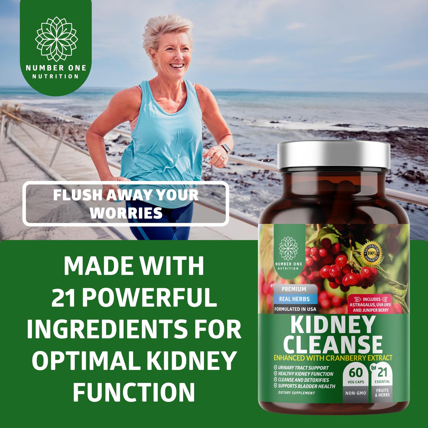 Number One Nutrition Kidney Support 21 Herbs with Cranberry Astragalus Uva Ursi, 60 Capsules