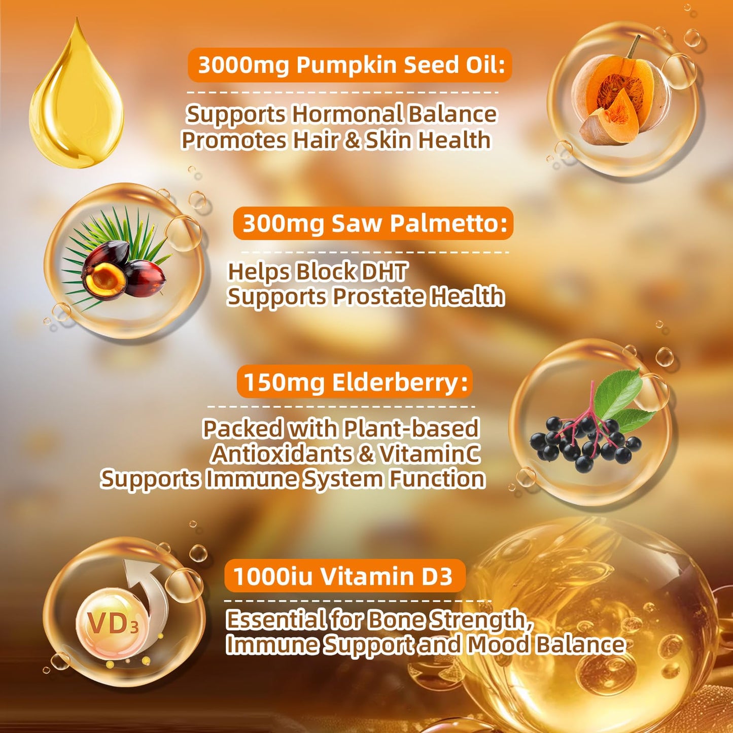FRZVEO Pumpkin Seed Oil with Saw Palmetto, Vitamin D3 & Elderberry Capsules, 300 Capsules
