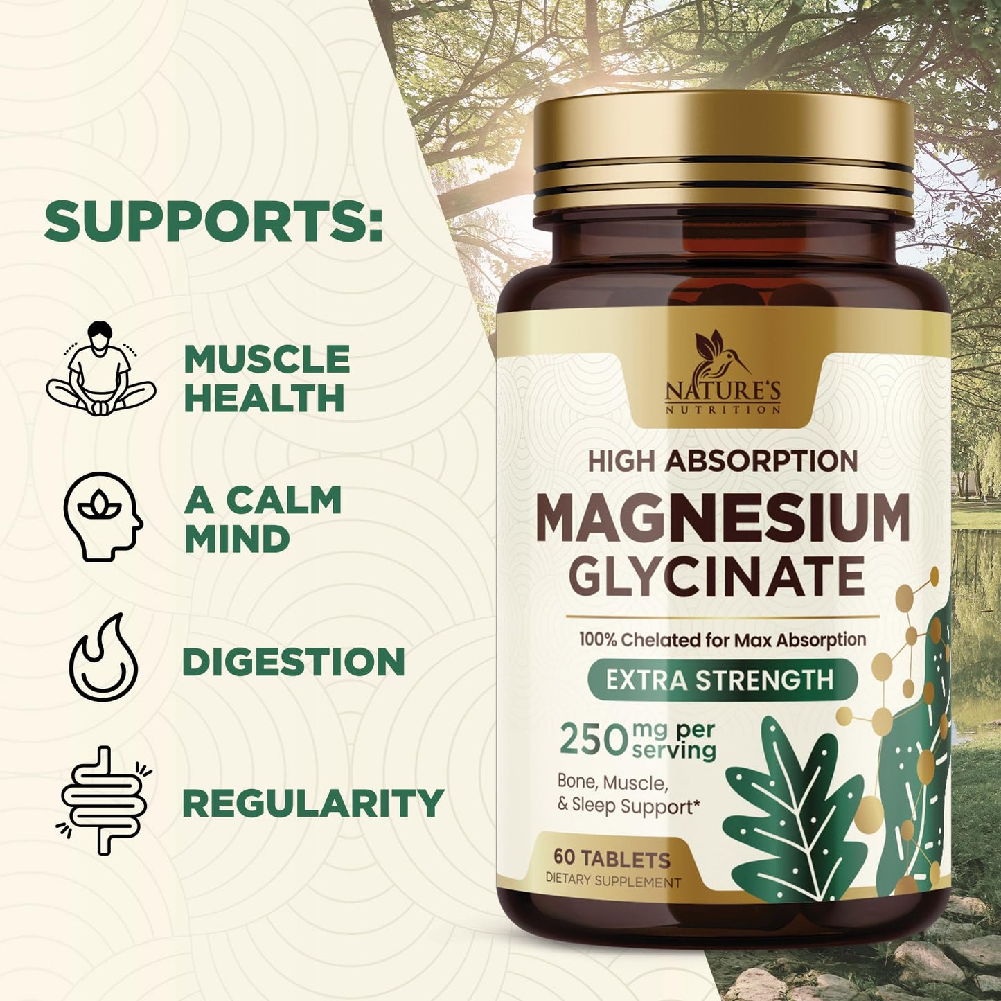 Nature's Nutrition Magnesium Glycinate 250mg Per Serving Tablet, 60 Tablets