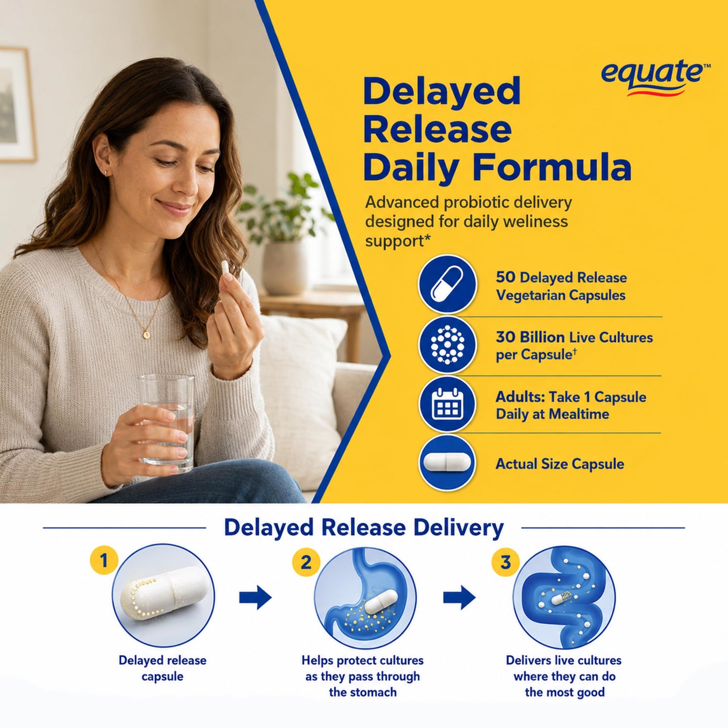 Bio360 Equate Extra Care Multi Strain Probiotic Capsules-30 Billion CFU-10 Strains 50 Count