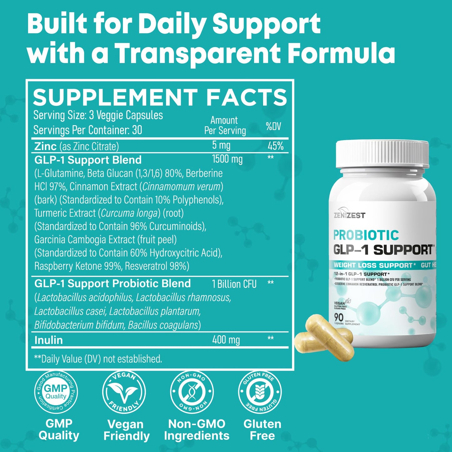 ZeniZest GLP-1 Support Probiotic Weight Loss Support Supplement with Berberine Capsule 90 Count