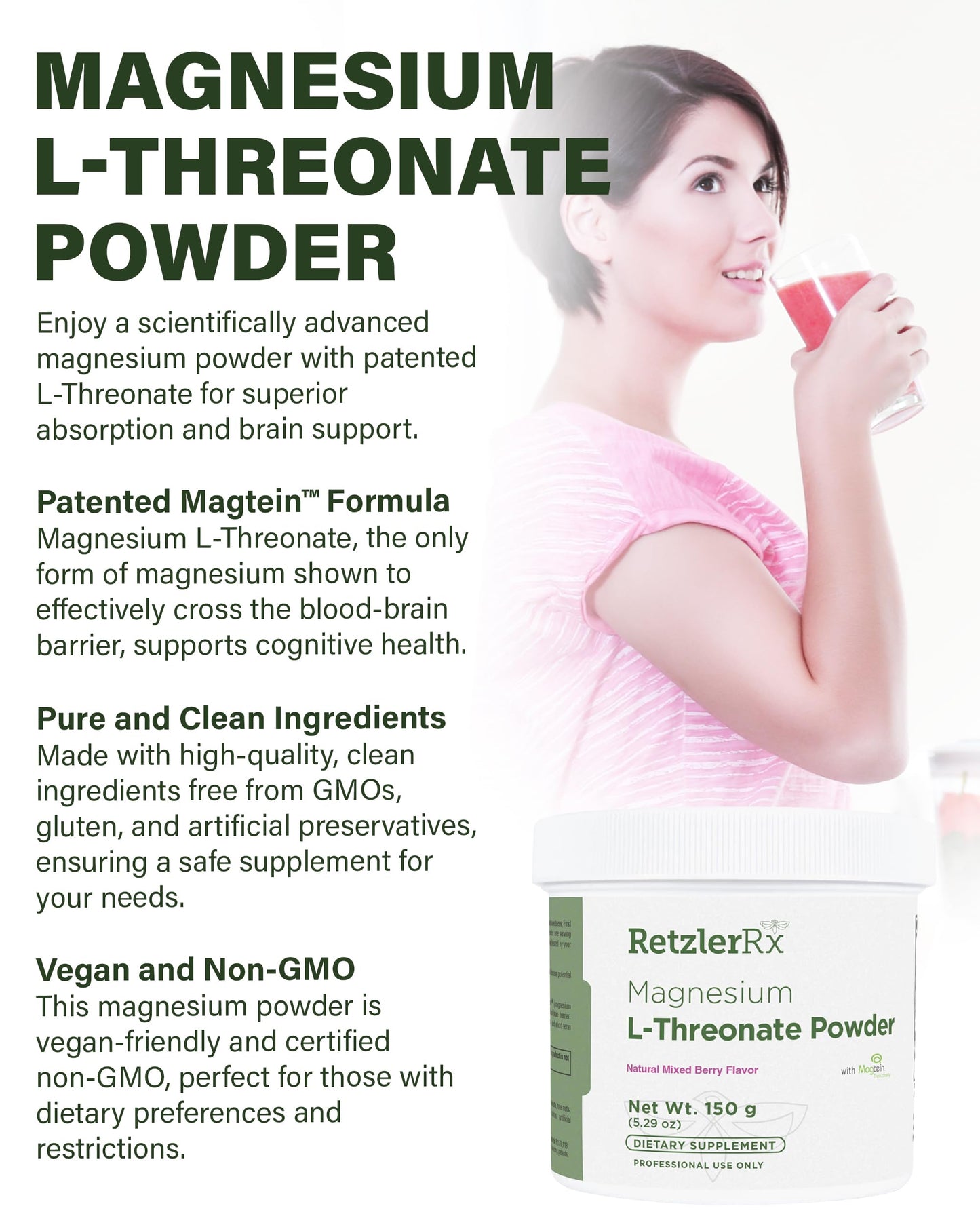 HormoneSynergy Magnesium L-Threonate Powder with Magtein - Brain-Supporting Magnesium Threonate Complex - Mixed Berry, Gluten-Free Supplement for Cognitive Health - 5.29 Ounce