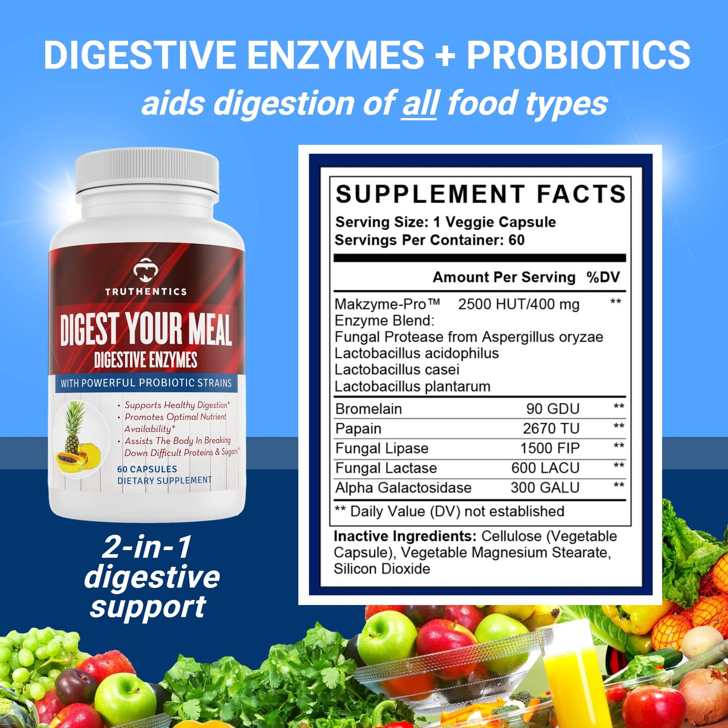 TRUTHENTICS Digestive Enzymes Plus Probiotics & Prebiotics Capsules, 60 Capsules