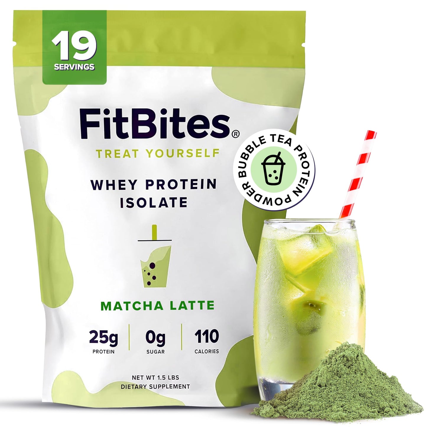 FitBites 100% Whey Isolate Protein Powder (Matcha Latte), 24 Servings