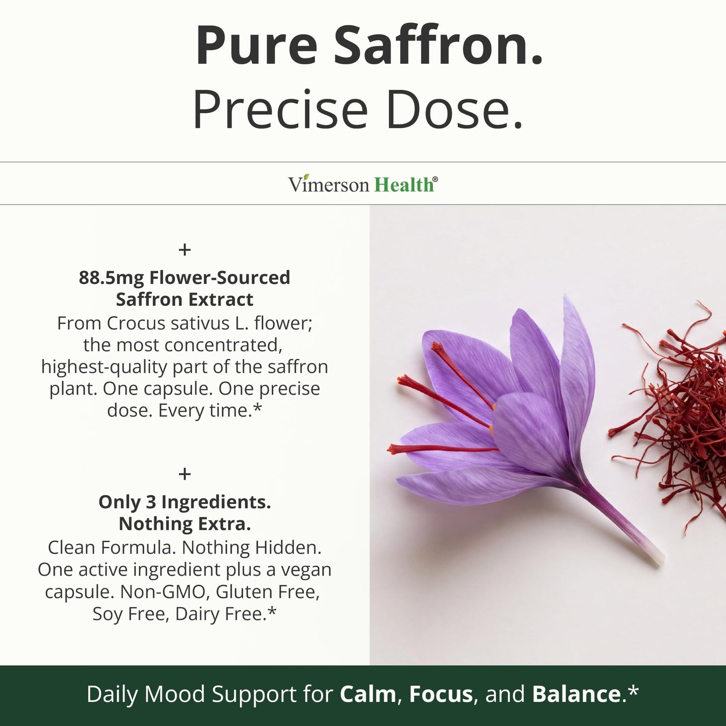 Vimerson Health Pure Saffron Extract 88.5mg for Mood Support and Eye Health – Vegan + Non-GMO – 60 Capsules