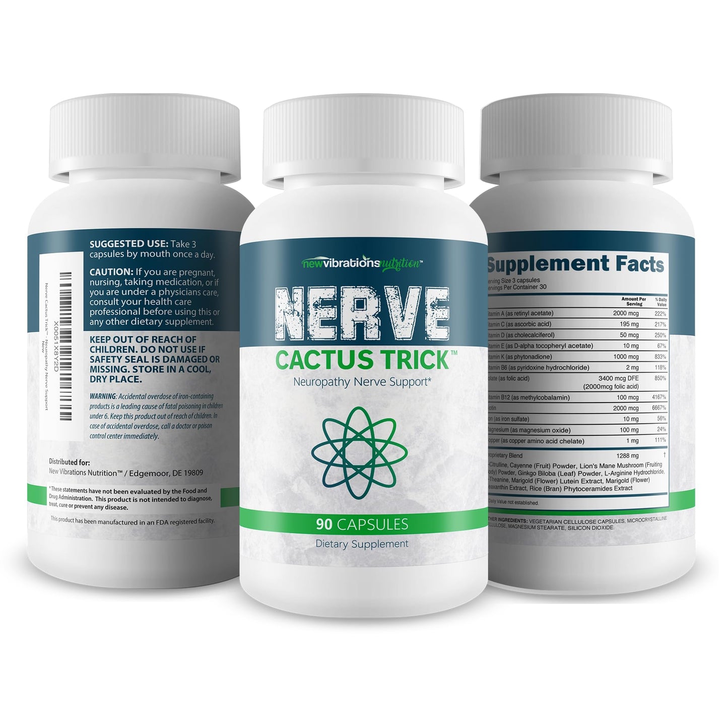 New Vibrations Nutrition Nerve Cactus Trick B12 Nerve Repair Neuropathy Support Capsule, 90 Count