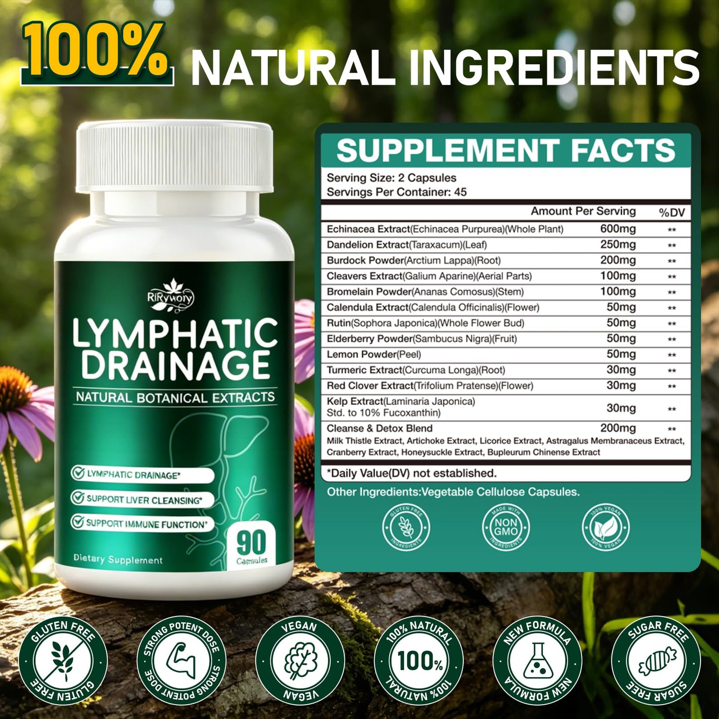 RiRywony Lymphatic Drainage & Liver Cleanse Detox Repair Softgel 1 Count – Natural Herbal Echinacea Supplement for Lymphatic System, Fluid Balance & Immune Health