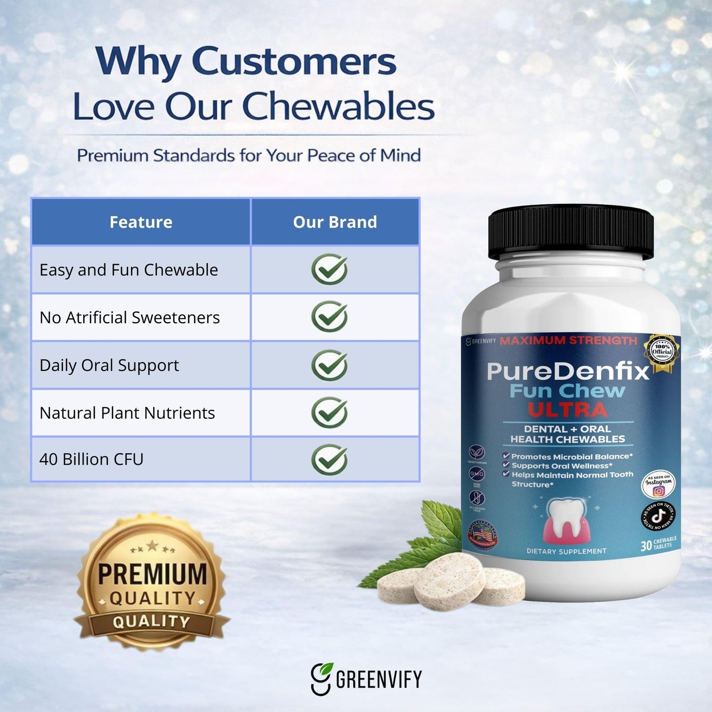 GREENVIFY PureDenfix Fun Chew Ultra Dental + Oral Health Chewables, Probiotic Blend, 60 Capsules