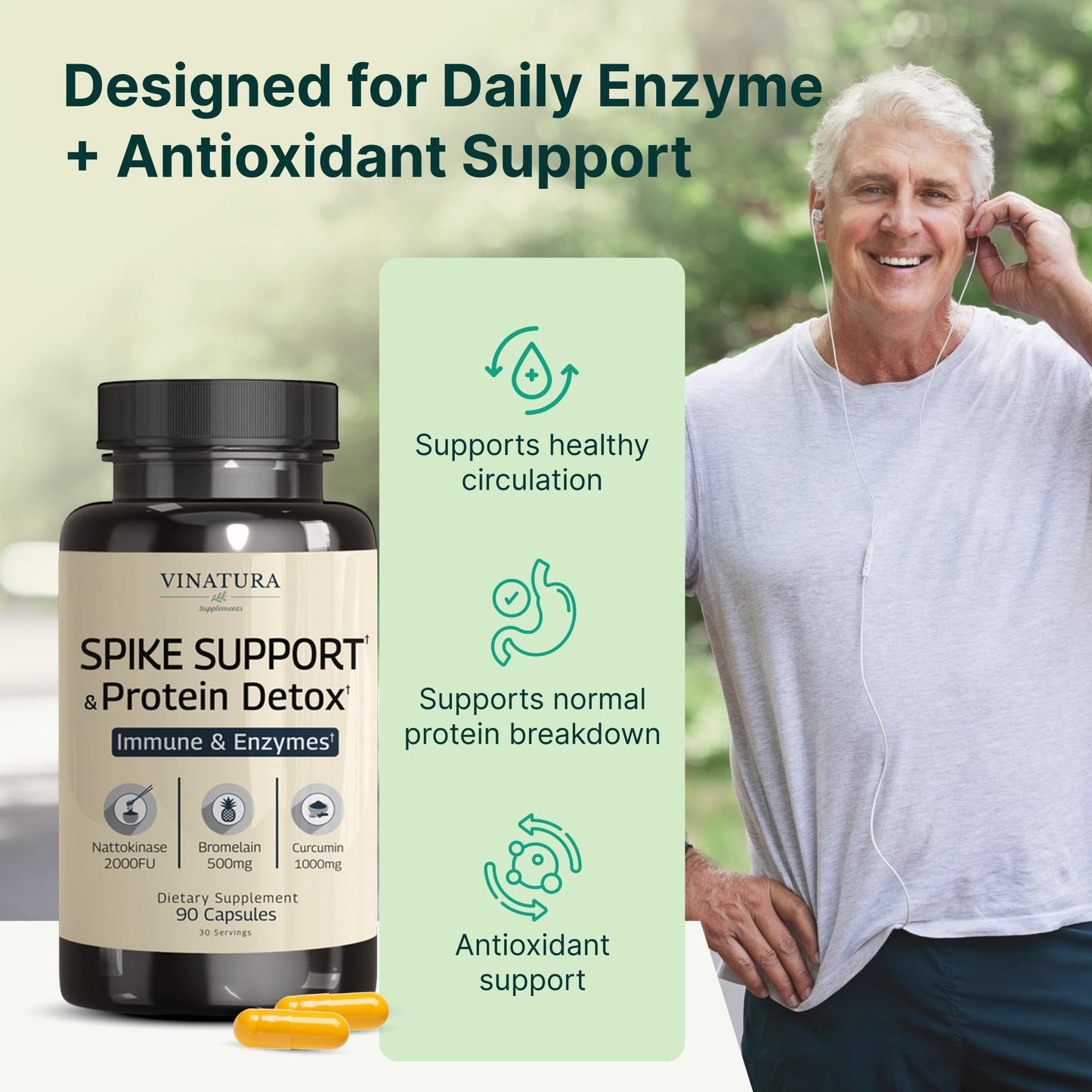 VINATURA Spike Protein Detox - Curcumin 1000 mg, Bromelain 500 mg, Nattokinase 2000 FU - Enzyme Complex for Detox & Protein Balance, Ultimate Spike Support 90 Capsules