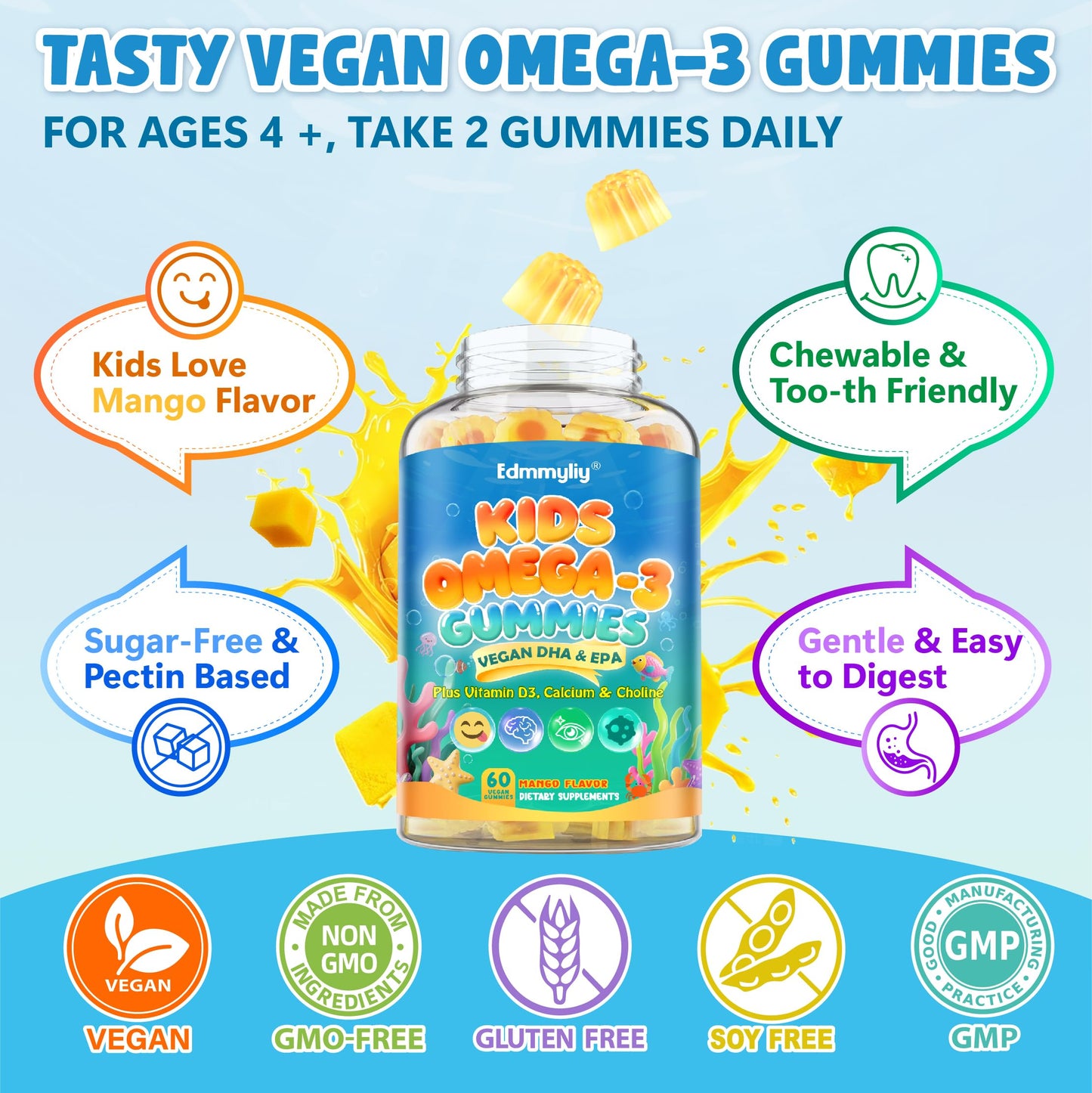 Edmmyliy Kids Omega-3 Gummies with Algae Omega-3, Choline, Lutein, Vitamin D3, B12, Calcium & Zinc – Gummy – 120 Count