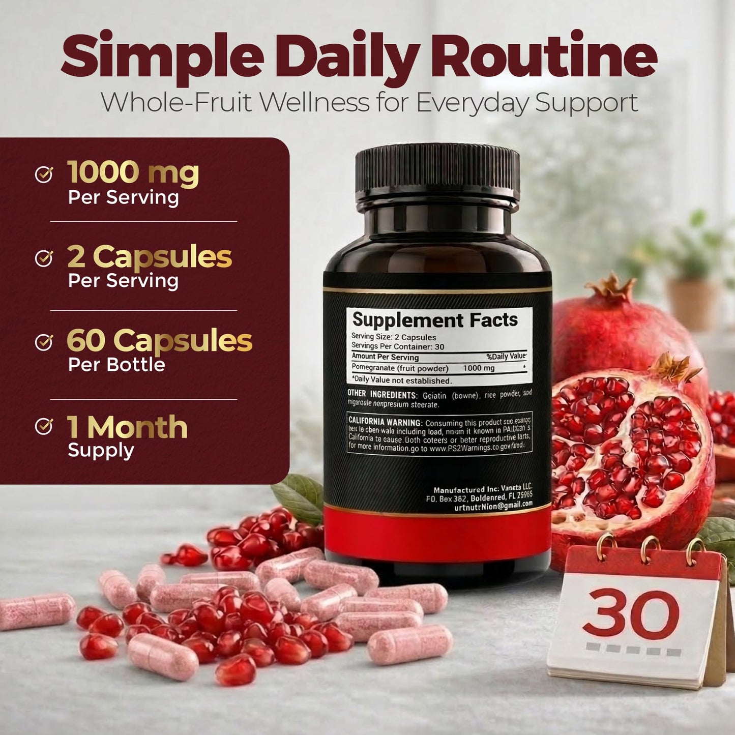 UR Treasure Nutrition Pomegranate 500mg Whole Fruit Powder, 120 Capsules